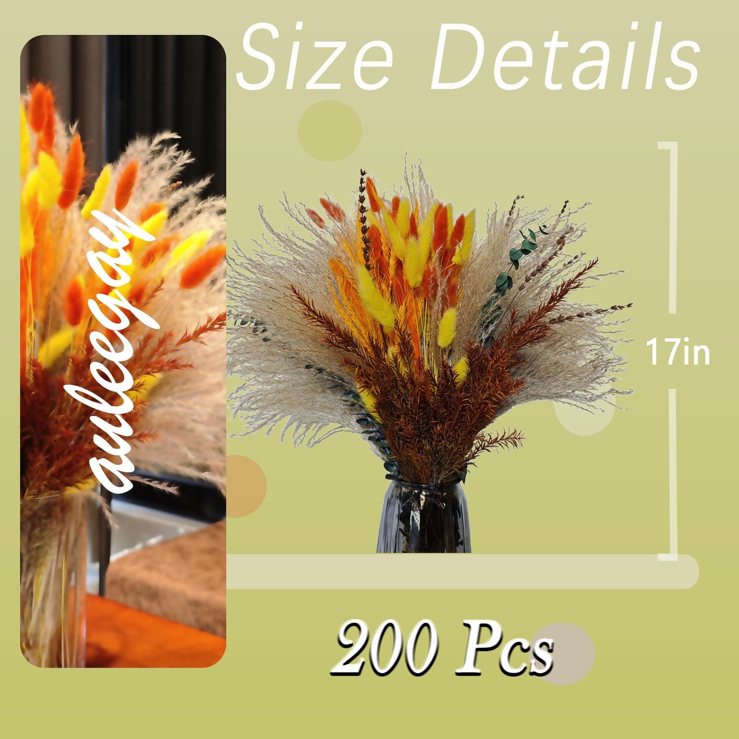 auleegay 200PCS 17in Dried Pampas Grass Bouquet with Hare's Tail, Eucalyptus, Lavender and More - Bohemian Decoration