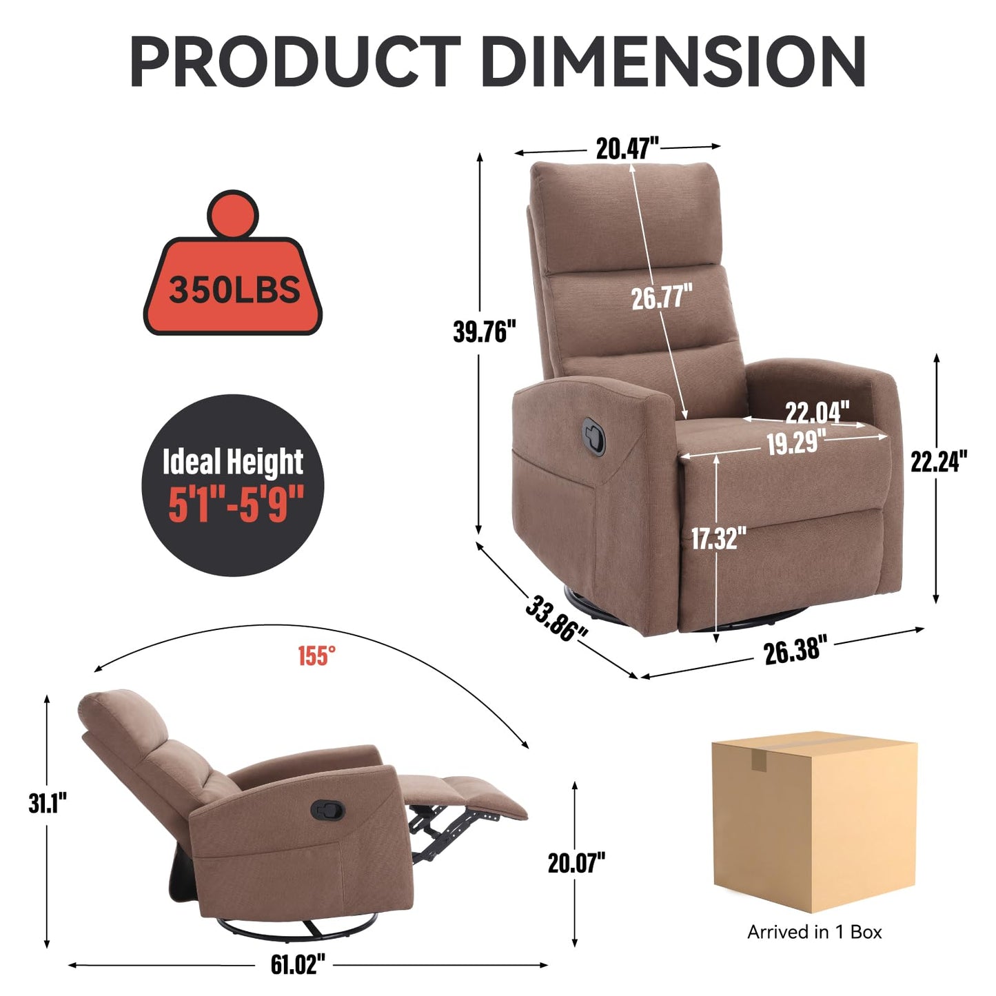 KEIKI Swivel Rocker Recliner Chair with Adjustable Backrest & Pockets, Ergonomic Lounge Sofa Chair for Living Room Bedroom, Brown