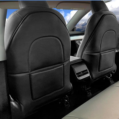 Automotive Seat Back Protector for Tesla Model 3/Y (2017-2025) - Waterproof Leather Kick Mat with Storage Pocket