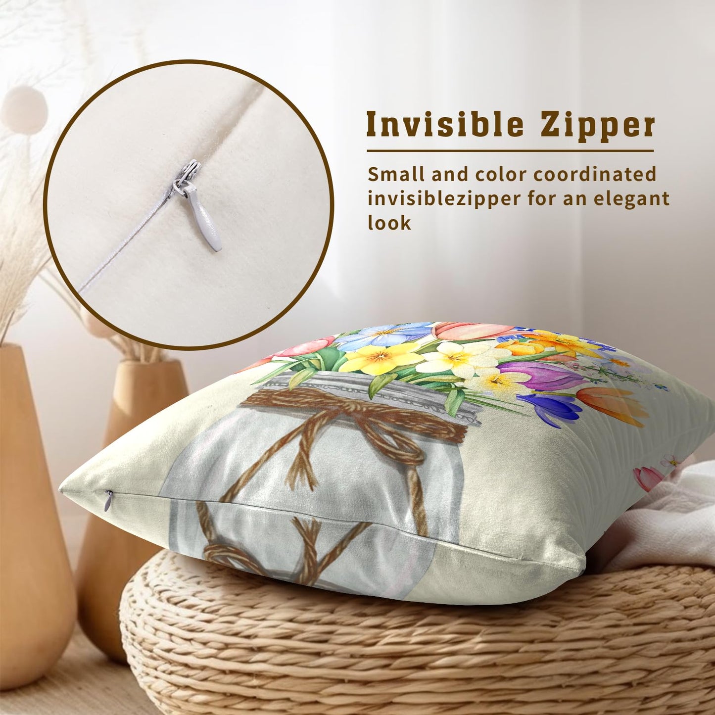 Easter Flowers Throw Pillow Covers 18x18 Set of 2, Spring Tulip Lavender Floral Mason Jar Square Pillowcases Cotton Cushion Cover Decoration for Couch Sofa Living Room Bedroom Home