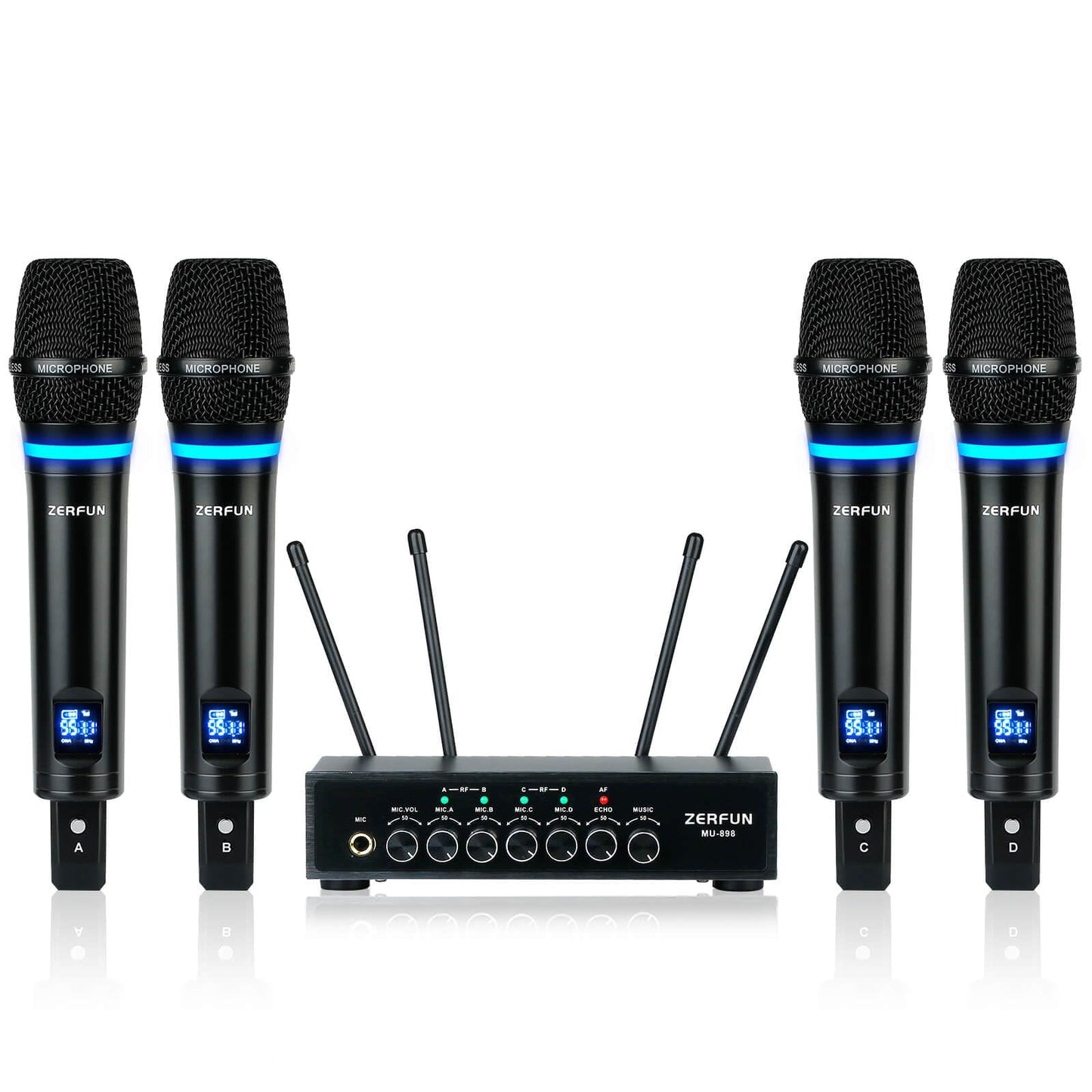 ZERFUN 4 Channel Rechargeable Wireless Microphone System, Pro UHF Metal Handheld Wireless Microphones Cordless Mics with Echo Bluetooth VOL Channel Control for Karaoke Singing Church(MU-898)