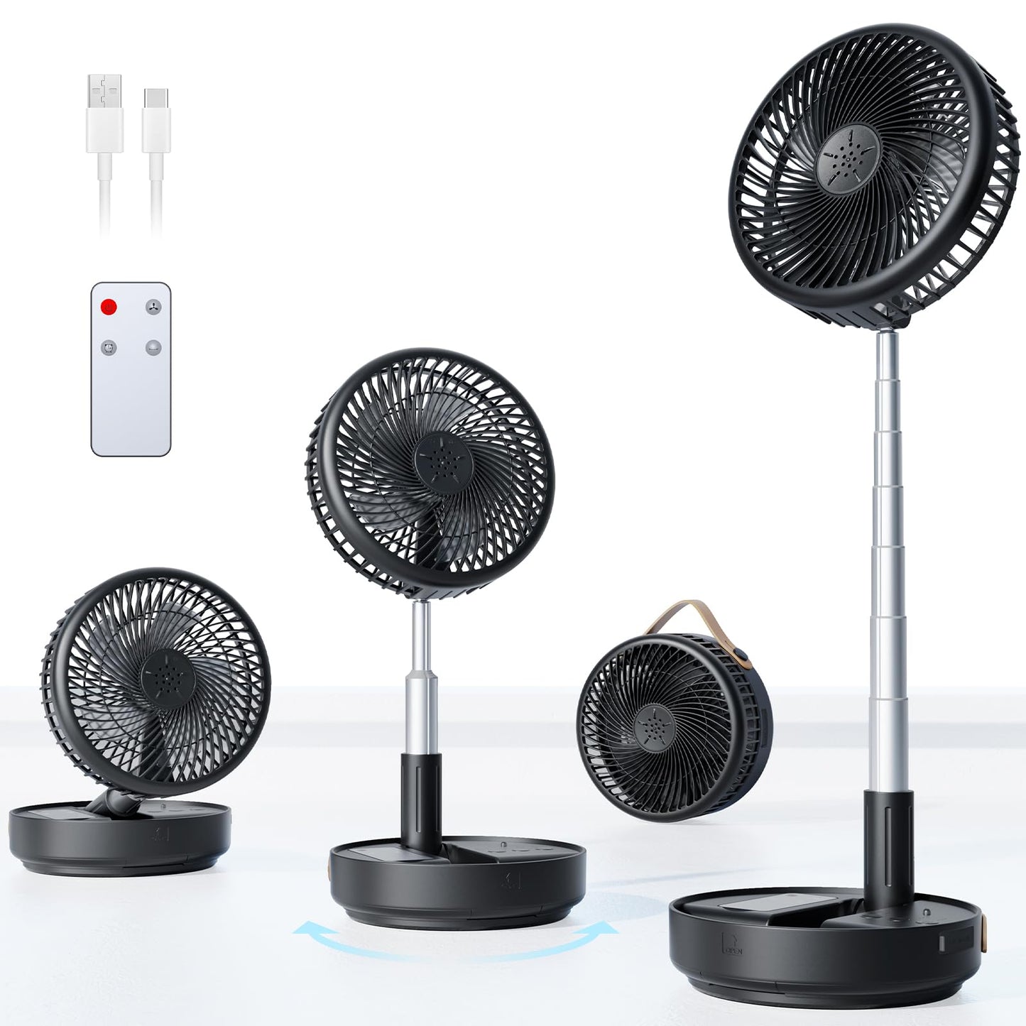 Primelove Portable Oscillating Travel Fan, 10400mAh Battery Operated Rechargeable USB Floor Table Desk Fan with Remote, 4 Speed Settings Pedestal Fan for Home Bedroom Office Camping Cruise, Black 8"