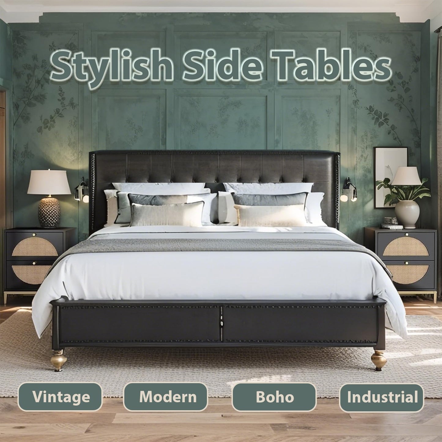 vistavie Rattan Nightstand with 2 Drawers, Wooden End Table Rattan Weaving Bedside Table Accent,Rustic Side Table Night Stand with Storage,for Living Room Bedroom (Black, Set of 1)