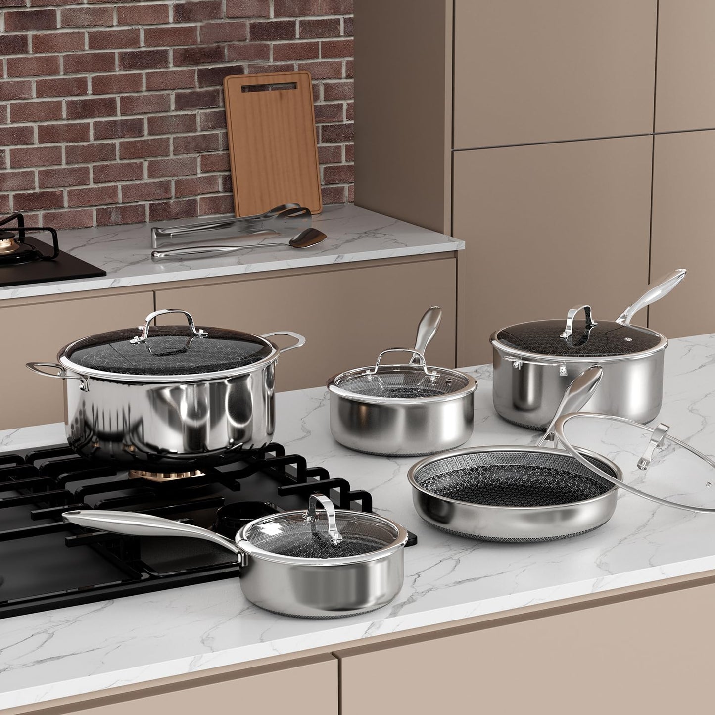 KURRUNGIE Stainless Steel Cookware Set, 15 Pcs Hybrid Pots and Pans Set Non Stick, Kitchen Frying Pans, Saucepans & Stock Pot with Glass Lid, Dishwasher-Safe, Induction Compatible, Non-Toxic