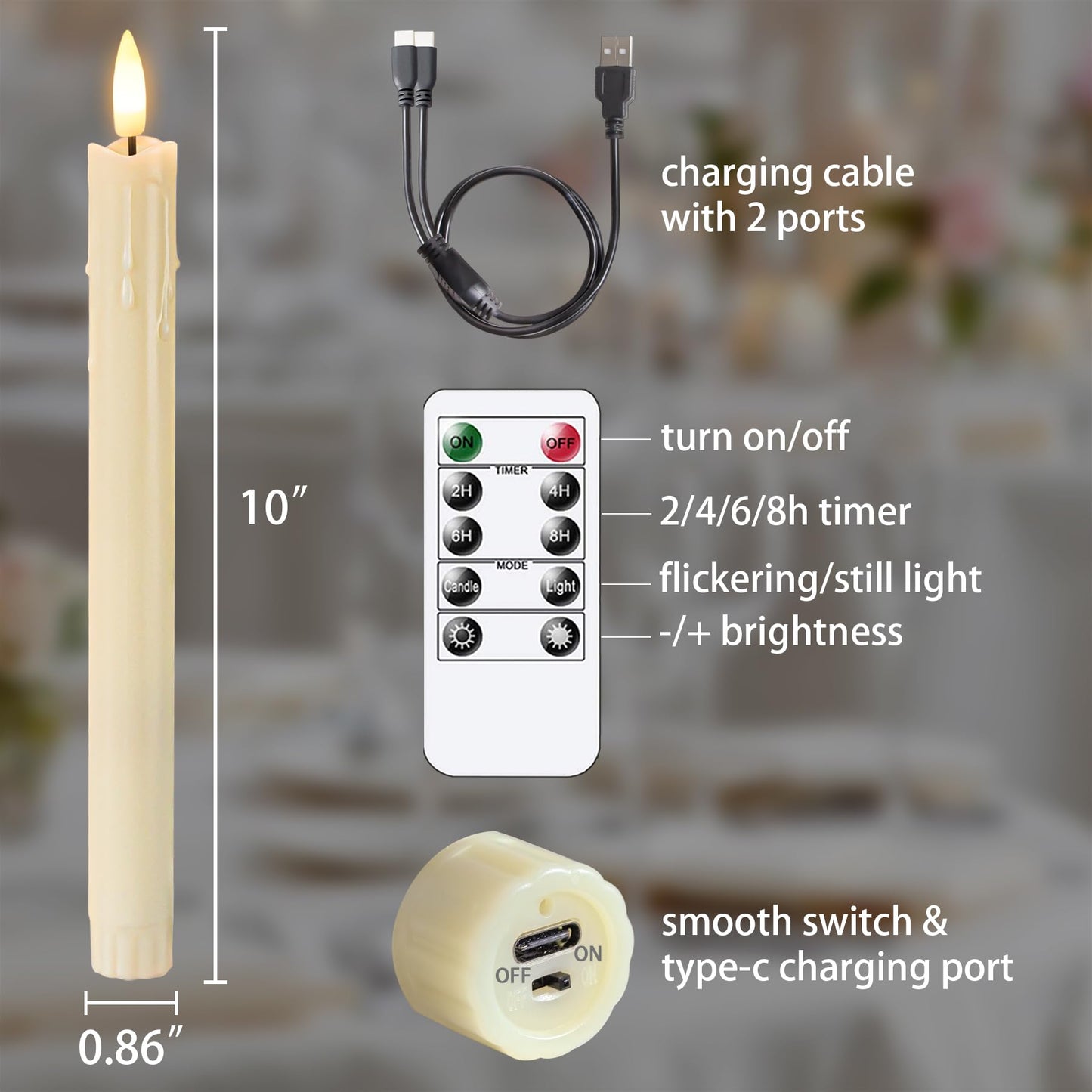 Zevanor Rechargeable Flameless Timer Remote Taper Candles, 2pcs 0.86" x10" LED Flickering Dripping Wax Window Tall Fake Ivory Plastic Candlesticks(USB Charging Cable Included)