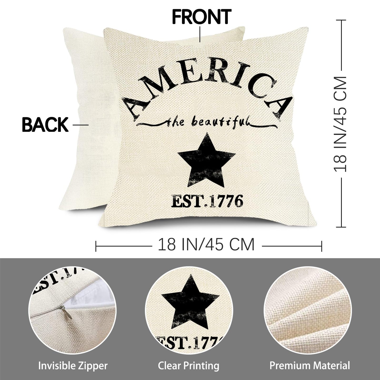 Fjfz July 4th Farmhouse Decorative Throw Pillow Cover America Est. 1776 Patriotic Sign Decoration Rustic Home Decor Cotton Linen Cushion Case for Sofa Couch, 18" x 18"