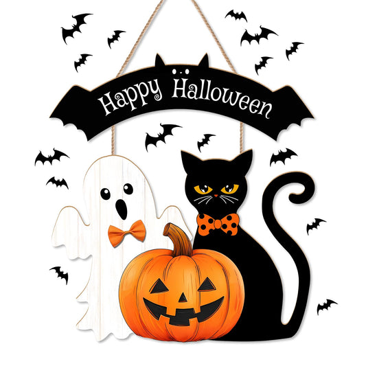Halloween Decorations Outdoor/Indoor,Home Decor Wooden Welcome Sign Wall/Door,Cute Ghost/Black Cat/Pumpkin Hanging Decor,Durable Fall Wreaths for Horror party