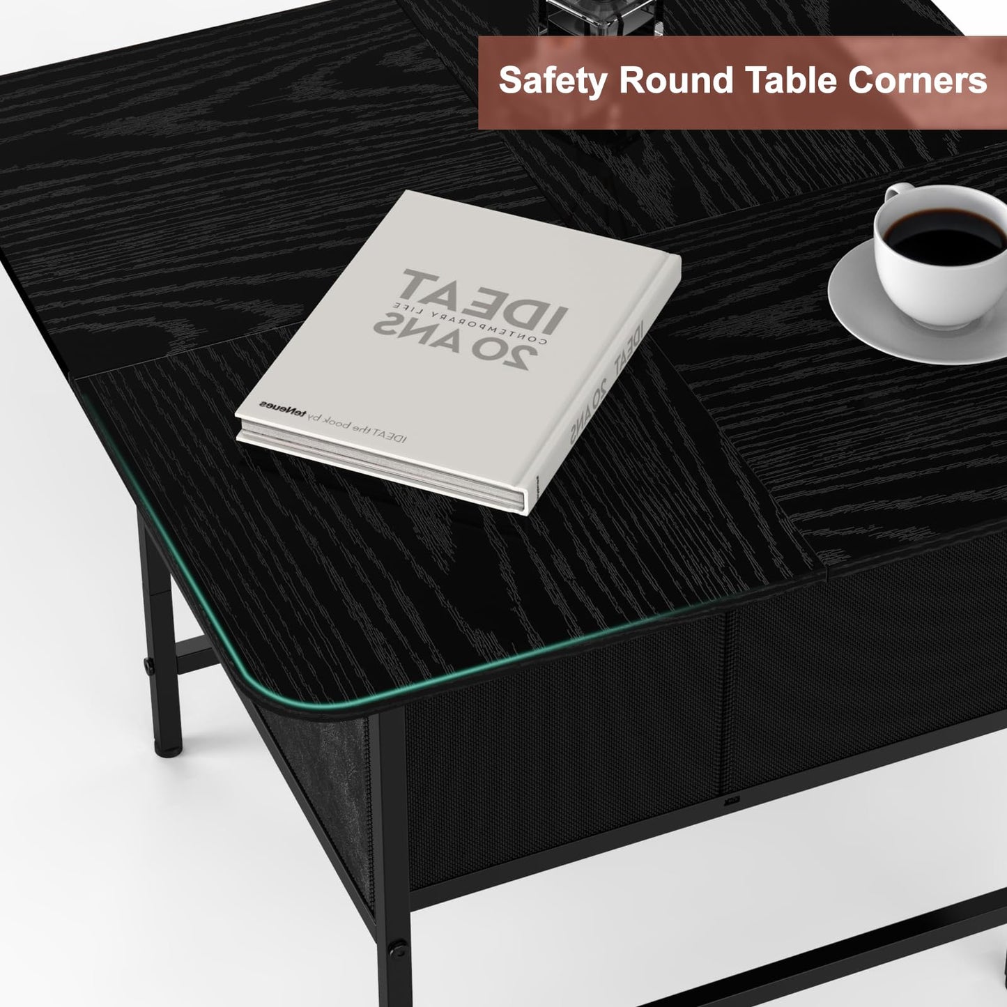 Shinoske Square Coffee Table with Storage Drawer,Small Black Coffee Tables for Living Room,2-Tier Farmhouse Center Table with Round Corners for Small Space,Apartment,Office