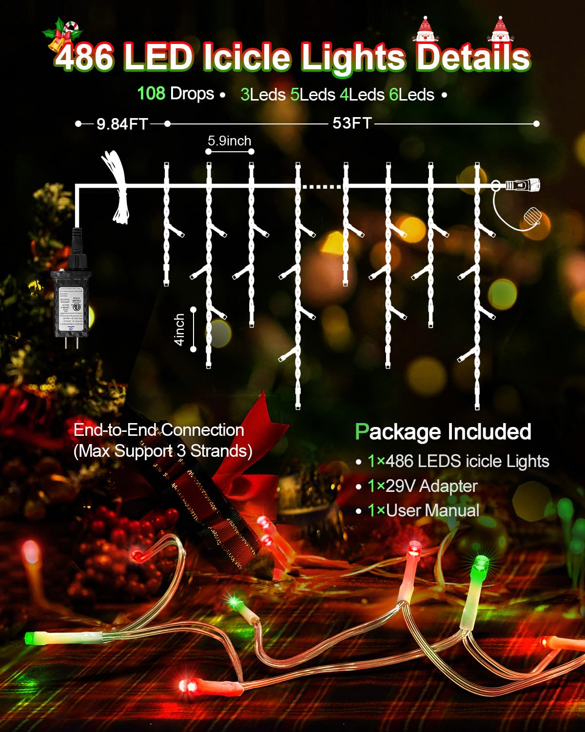 JIXXULVU Christmas Lights Outdoor, 53 FT 486 LED Christmas Lights for Outside, Timer & Memory, Plug in 8 Modes Hanging Fairy Light with 108 Drops for House Eaves Yard Patio Decorations, Red Green