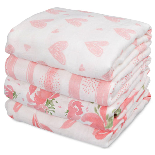GLLQUEN BABY Muslin Swaddle Blankets 4-Pack Breathable Receiving Blankets (35" x 40") Soft Baby Blankets for Girls and Boys Newborn Essentials Muslin Burp Cloths Swaddle Wrap Baby Gift (Flower)