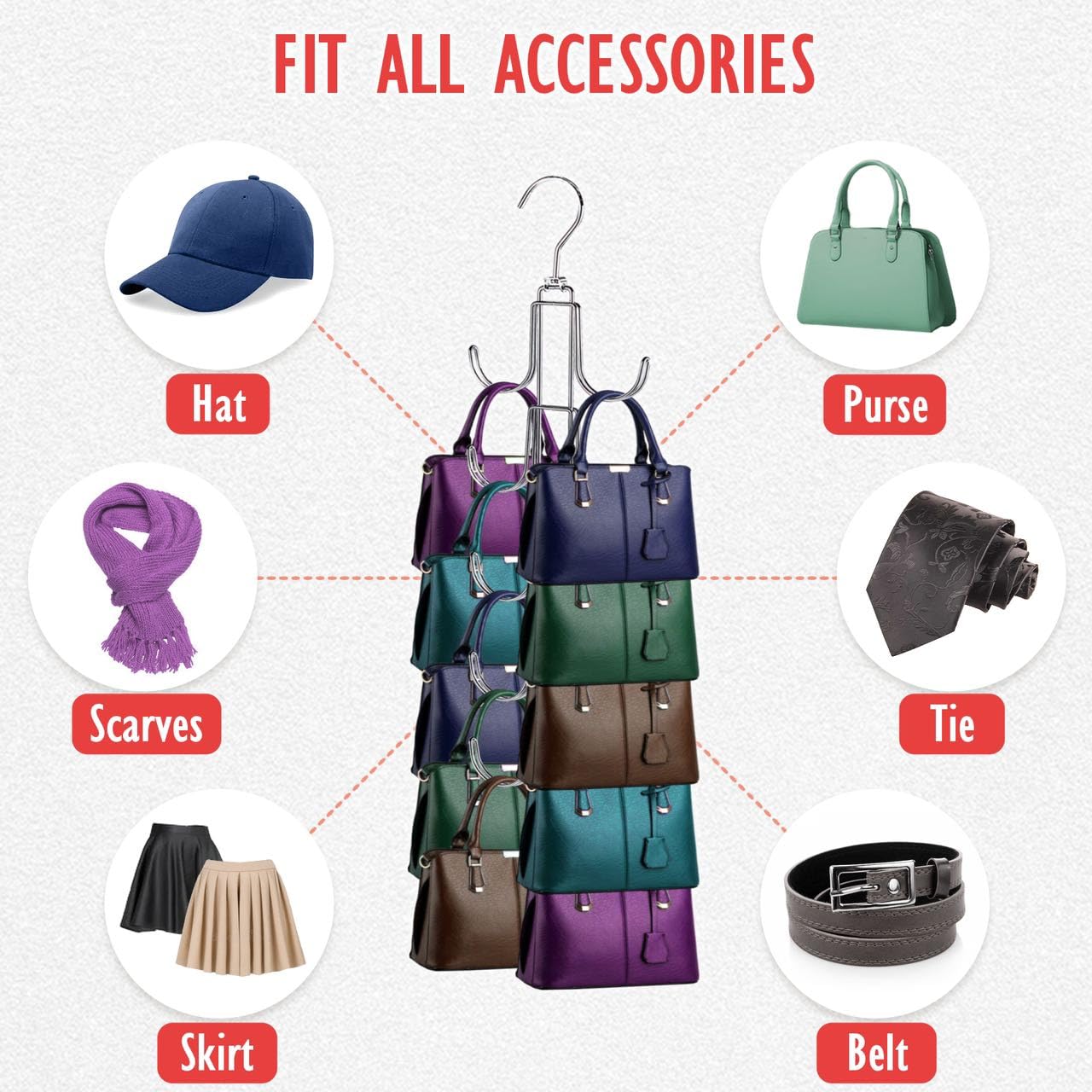 Purse Organizer for Closet, Bag Organizer with 10 Big Hooks, 360 Degree Rotation Purse Hanger for Display, Collapsible Space Saving Hangers Rack for Handbag, Belt, Scarve, Tie