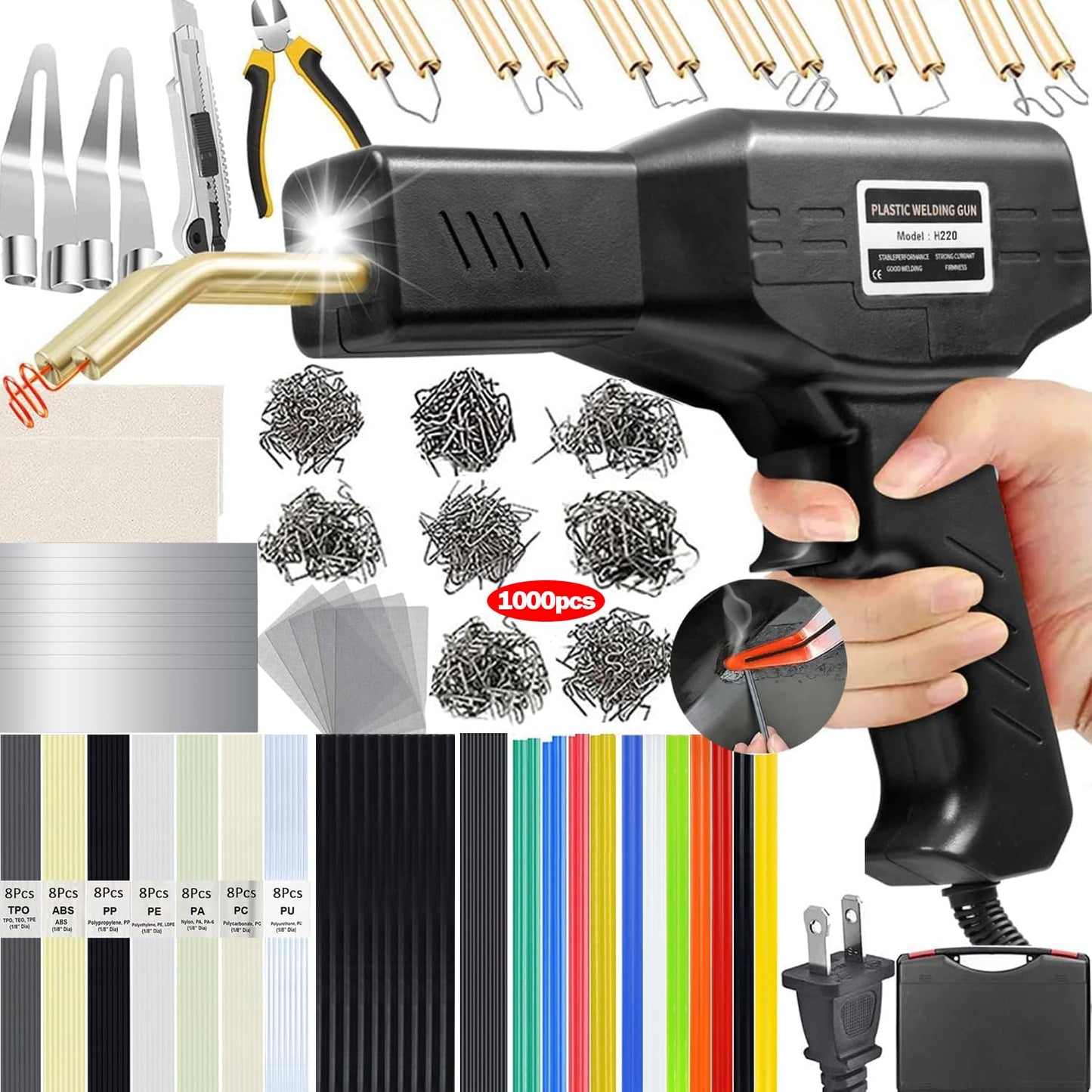 Upgraded 220W Plastic Welder, 2 in 1 Plastic Welding Kit Plastic Repair Welder Kit 1000PCS Hot Stapler Soldering Gun with 100PCS Plastic Welding Rods Car Bumper Repair Kit for Most Plastic Repair
