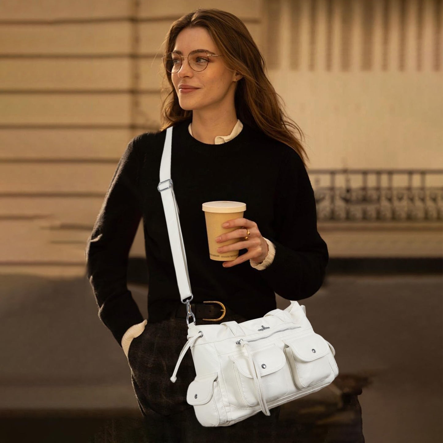 Angel Kiss Handbags for women Soft Vegan Leather Purses for Womens Multiple Pockets Shoulder Bags Ladies Roomy Zippers Tote bag Organizer Top-Handles handbag With Crossbody Strap,White