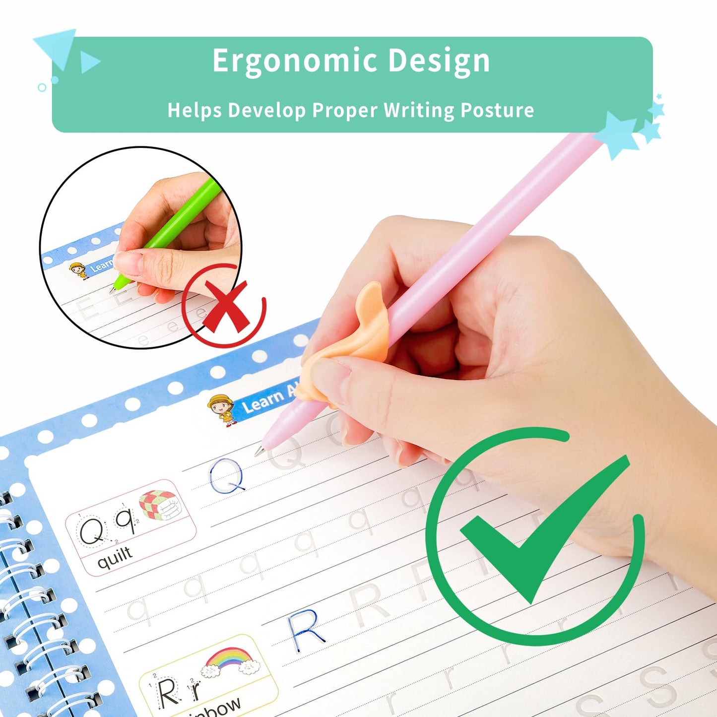 Premium Grooved Handwriting Practice for Kids, Reusable Children's Magic Copybook with Pencil Grips and Pouch, Large Size Calligraphy Workbooks Kit for Pre-School, Kindergarten(30 Refills)