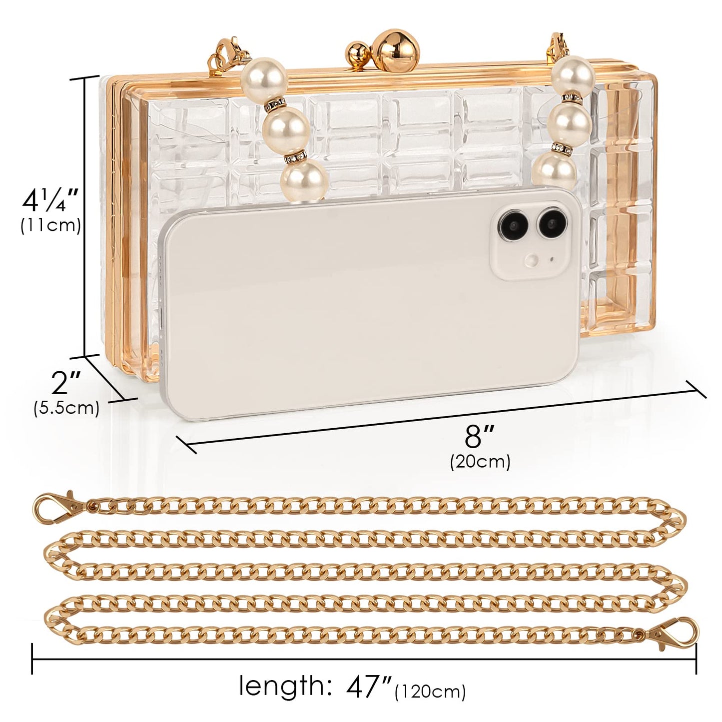 DODAMOUR Transparent Acrylic Shoulder Bag, Clear Crossbody Clutch Purse, Women Evening Clutch Bag, Gold Chain Handbag for Women (Clear)