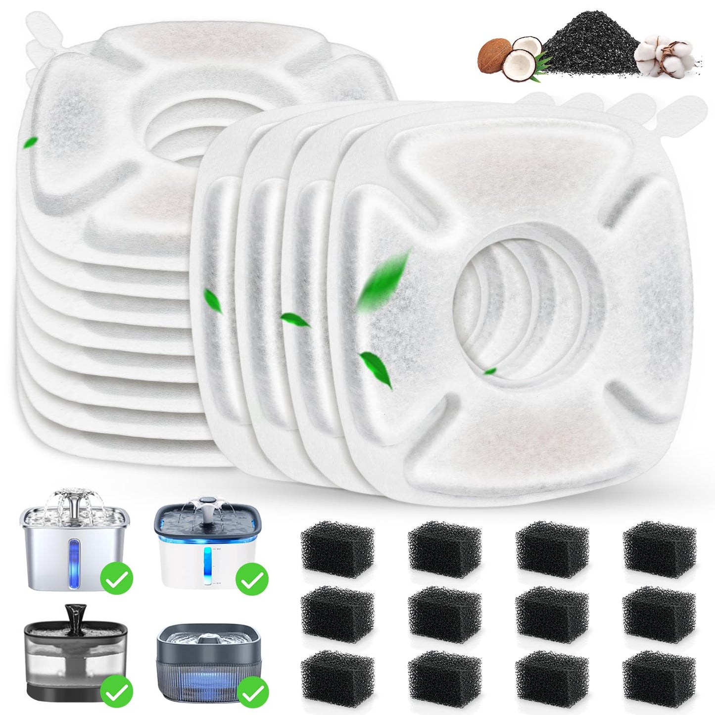 24 Pack Cat Water Fountain Replacement Filters, 12 Pcs Cats Fountain Filters & 12 Pcs Pre-Filter Sponges for 95oz/2.8L 135oz/4L 67oz/2L Automatic Pet Dog Fountain Water Dispenser