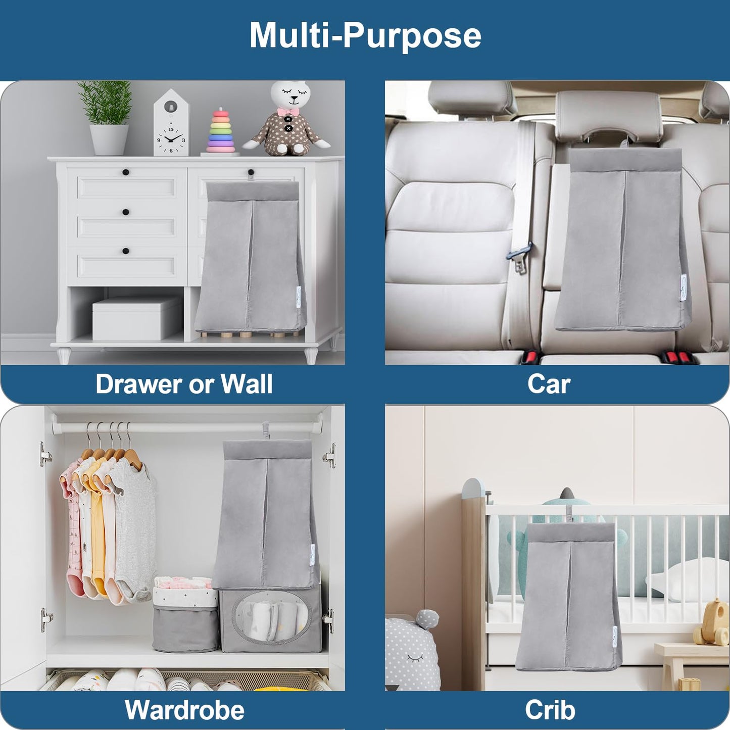 SPRINGSPIRIT Diaper Stacker Caddy Organizer Easy Access & Dustproof Portable Hand Free Diaper Holder for Adults or Nursery, Machine Washable Grey