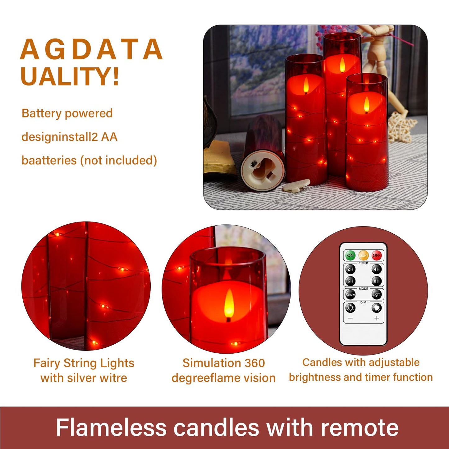 Flameless Candles,with Embedded Star String, Battery Operated Candles Flickering LED Candles with Remote Control and Timer, for Home Decoration Creating an Atmosphere，Set of 5 (Red)
