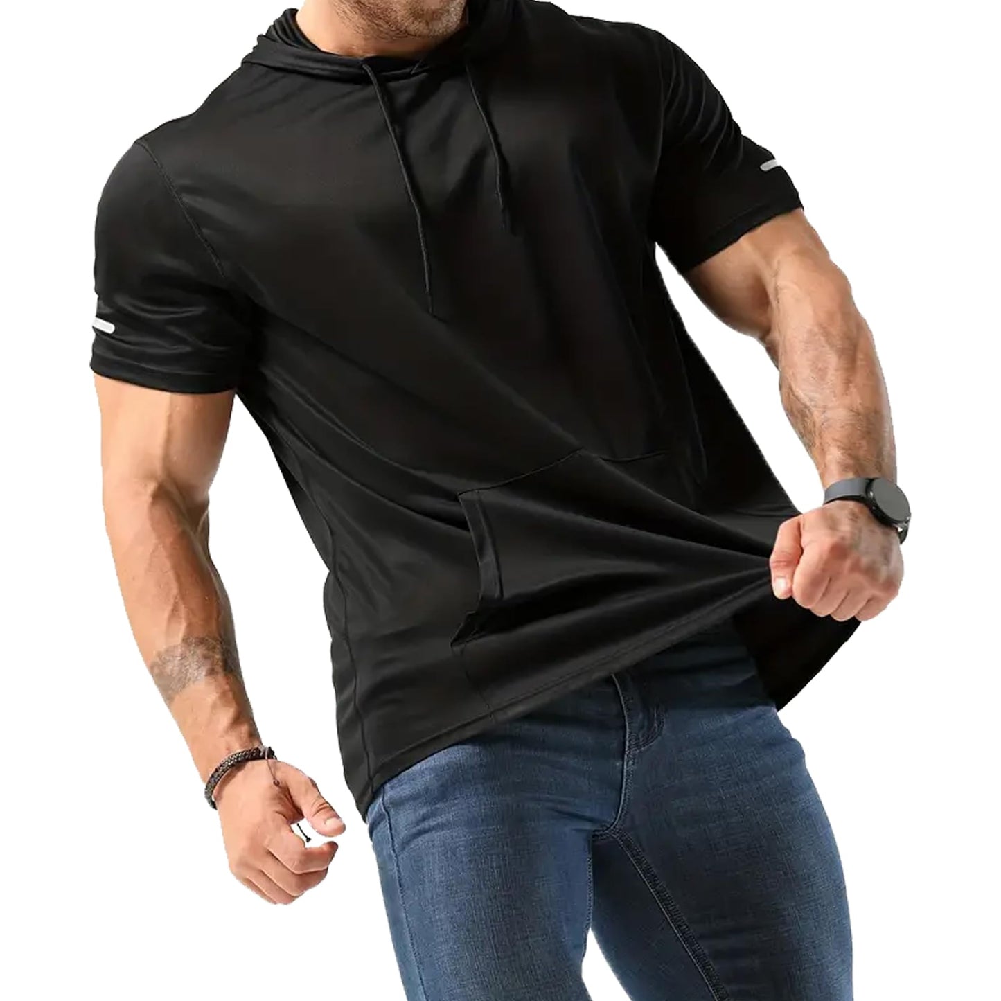 frueo Men's 3 Pack Workout Shirts Quick Dry Moisture Wicking Short Sleeve Mesh Athletic T-Shirts with Hoods,Black Gray Green,2XL