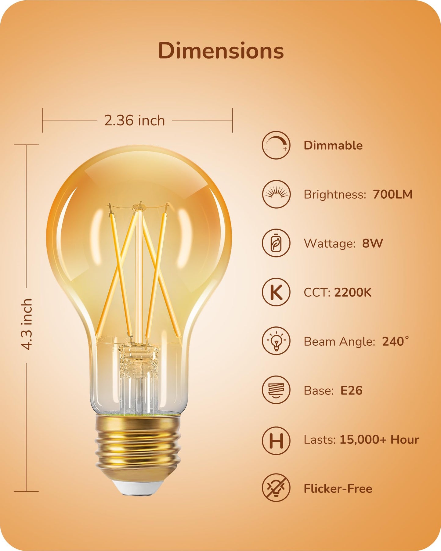 EDISHINE Vintage LED Edison Bulbs 8W, 60W Equivalent, 2200K Amber Warm Light, ST58 Antique Edison Light Bulb with 80+ CRI, A19 Dimmable LED Bulbs, 700LM, E26 Medium Base, 6 Pack