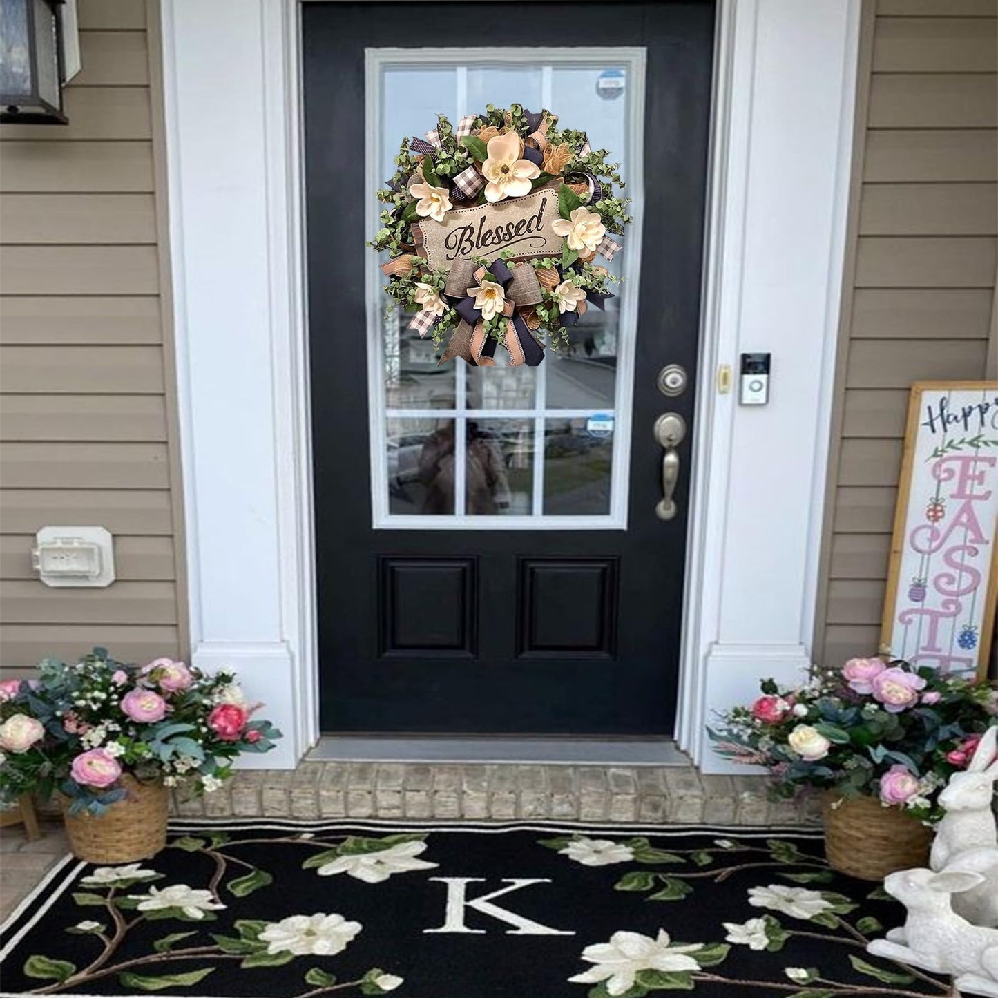 Spring Summer Wreath for Front Door,Farmhouse Magnolia Porch Decoration,Front Door Hanger,Housewarming Gift, Buffalo Plaid Year Round Wreath,Summer Home Decor