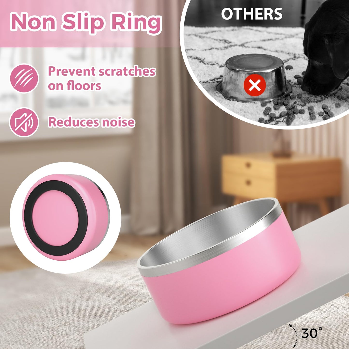 LIHOOOOM Stainless Steel Dog Bowls for Large Dogs - Insulated, Non Slip, Easy Clean, 40oz, Pink