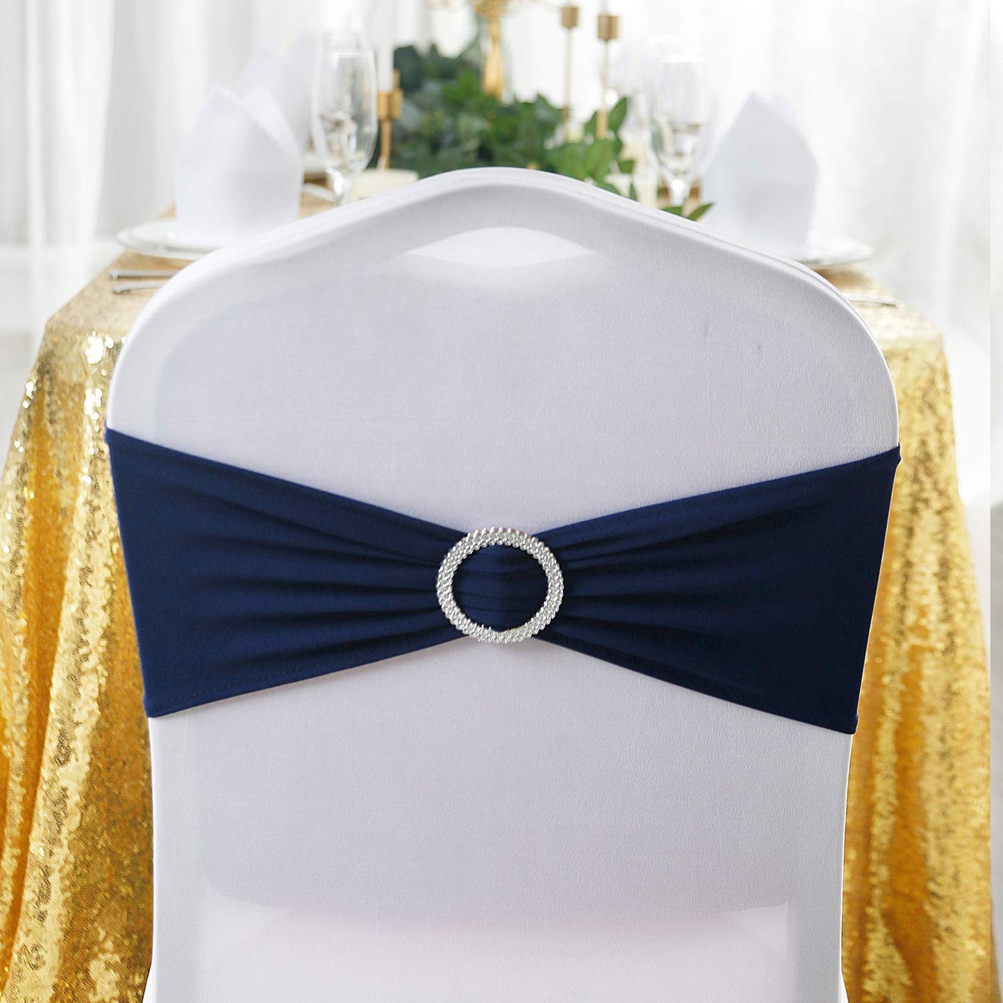 Peomeise 100pcs Navy Spandex Chair Sashes with Buckle Slider for Wedding, Party Decoration