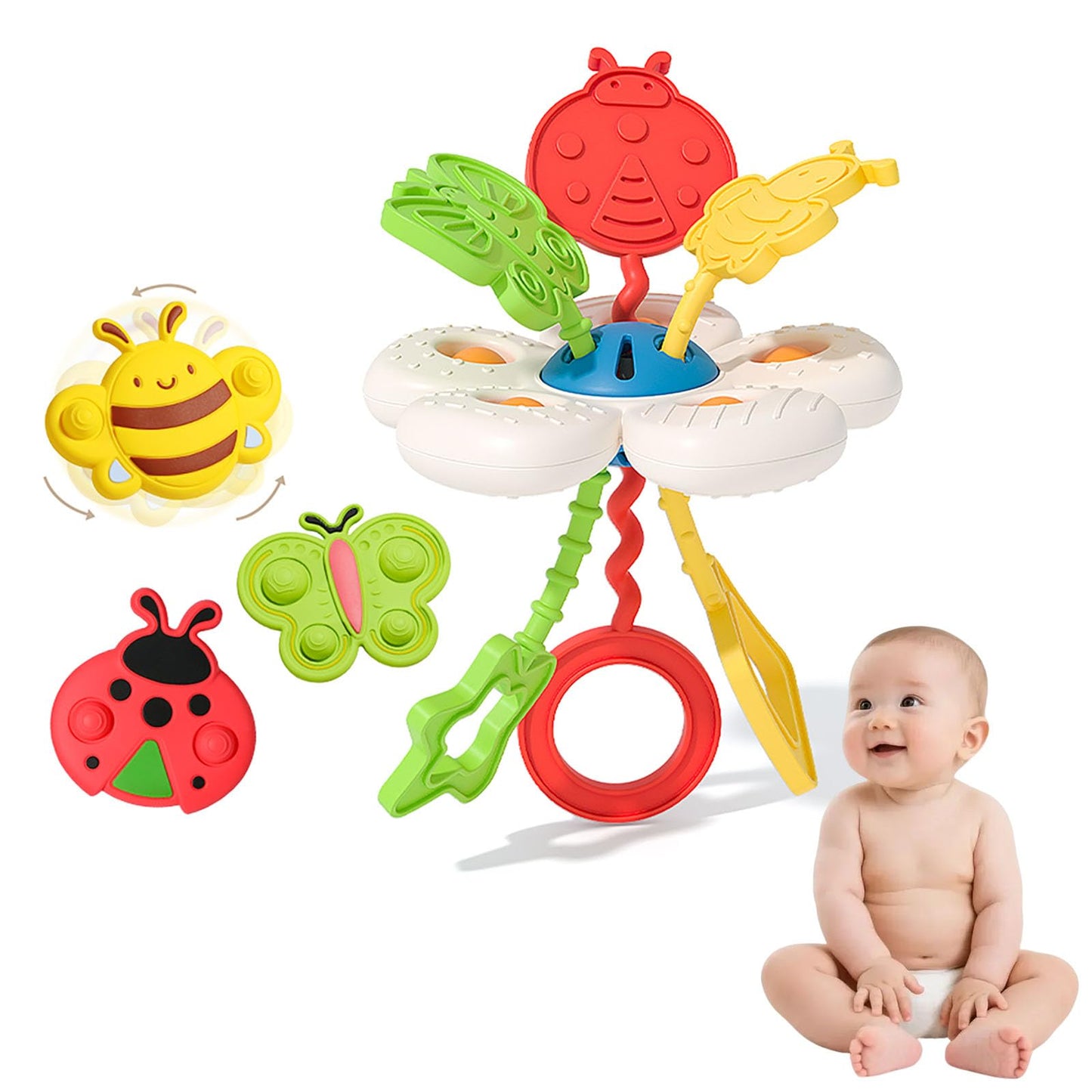 GeeKiPrime Montessori Toys Set for Baby 3 6 12 18 Months, 2-in-1 Silicone Pull String & 3 Insect Spinner Sensory Toy, Teething & Fine Motor Skills Development, Toddler Gift for Boys & Girls 1 2 Year