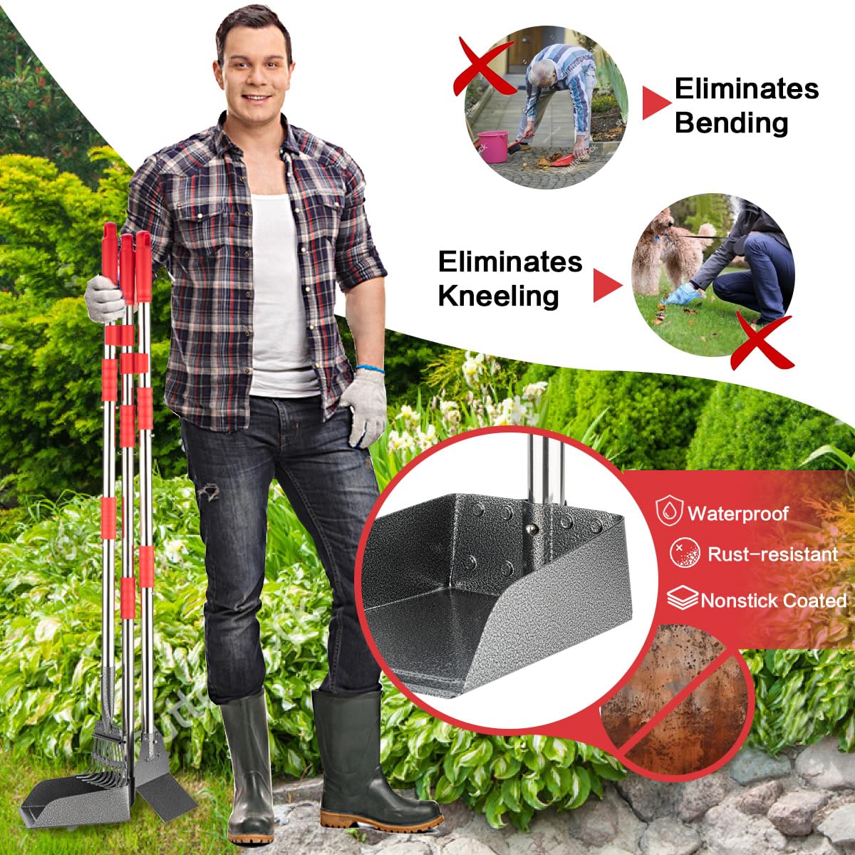 FUSBUNTY Pooper Scooper, Long Handle Dog Pooper Scooper, Heavy Duty Stainless Steel Rake with Tray & Spade Set for Pet Waste Removal, for Grass, Dirt or Gravel