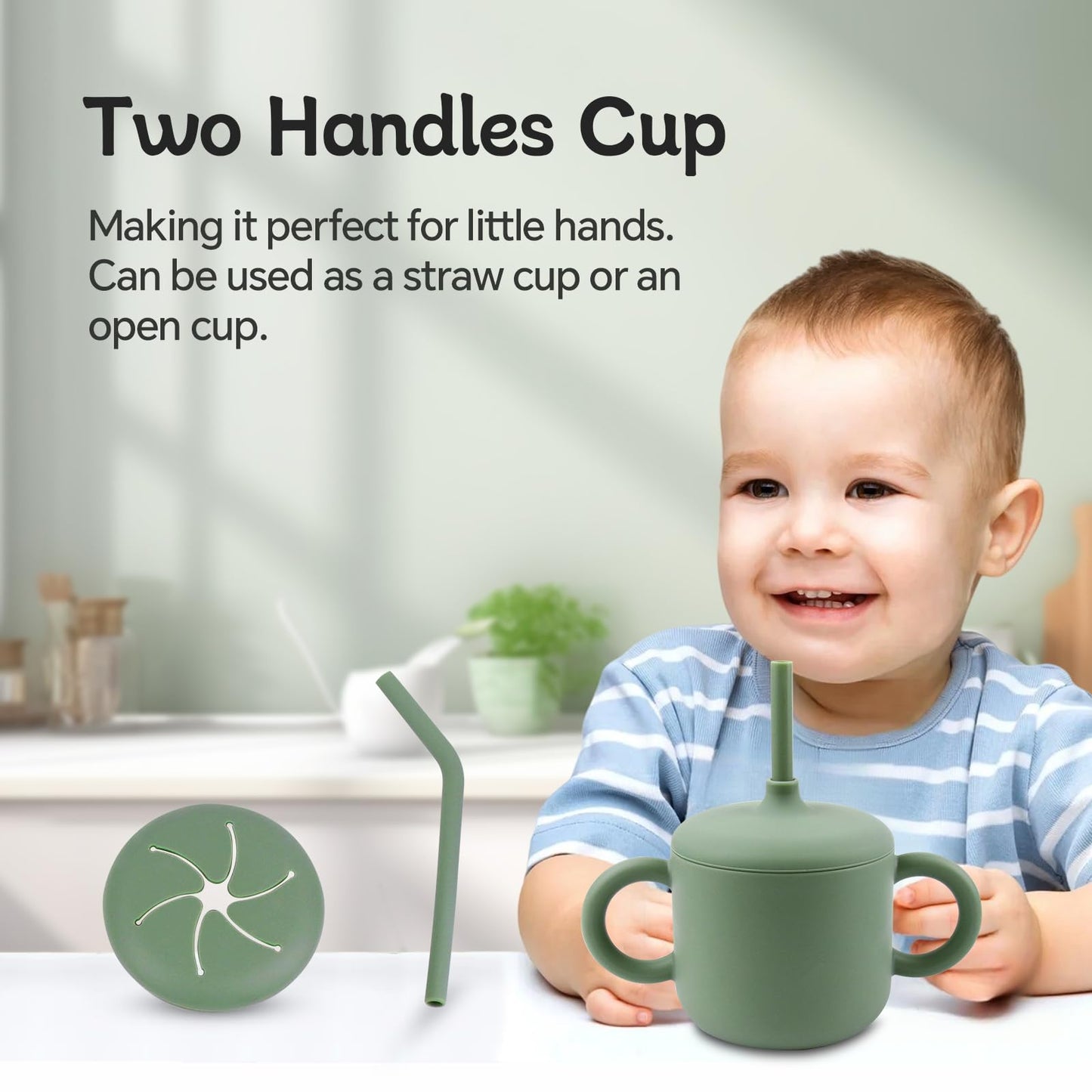 SHGMEET Silicone Baby Feeding Set, BPA Free Baby Feeding Essentials, Baby Suction Bowl, Plates, Bib, Spoons set, Baby Led Weaning Supplies to Develop Self-feeding Skills(Green, No Lid)