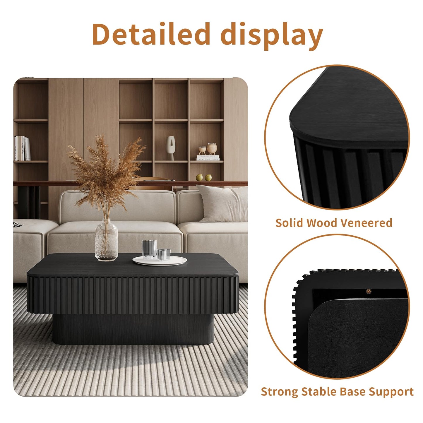 LKTART 38.6''Black Fluted Lift Top Coffee Table Modern Handcraft Drum Wooden Solid Wood Veneer Tea Table for Living Room Apartment(Hidden Storage)