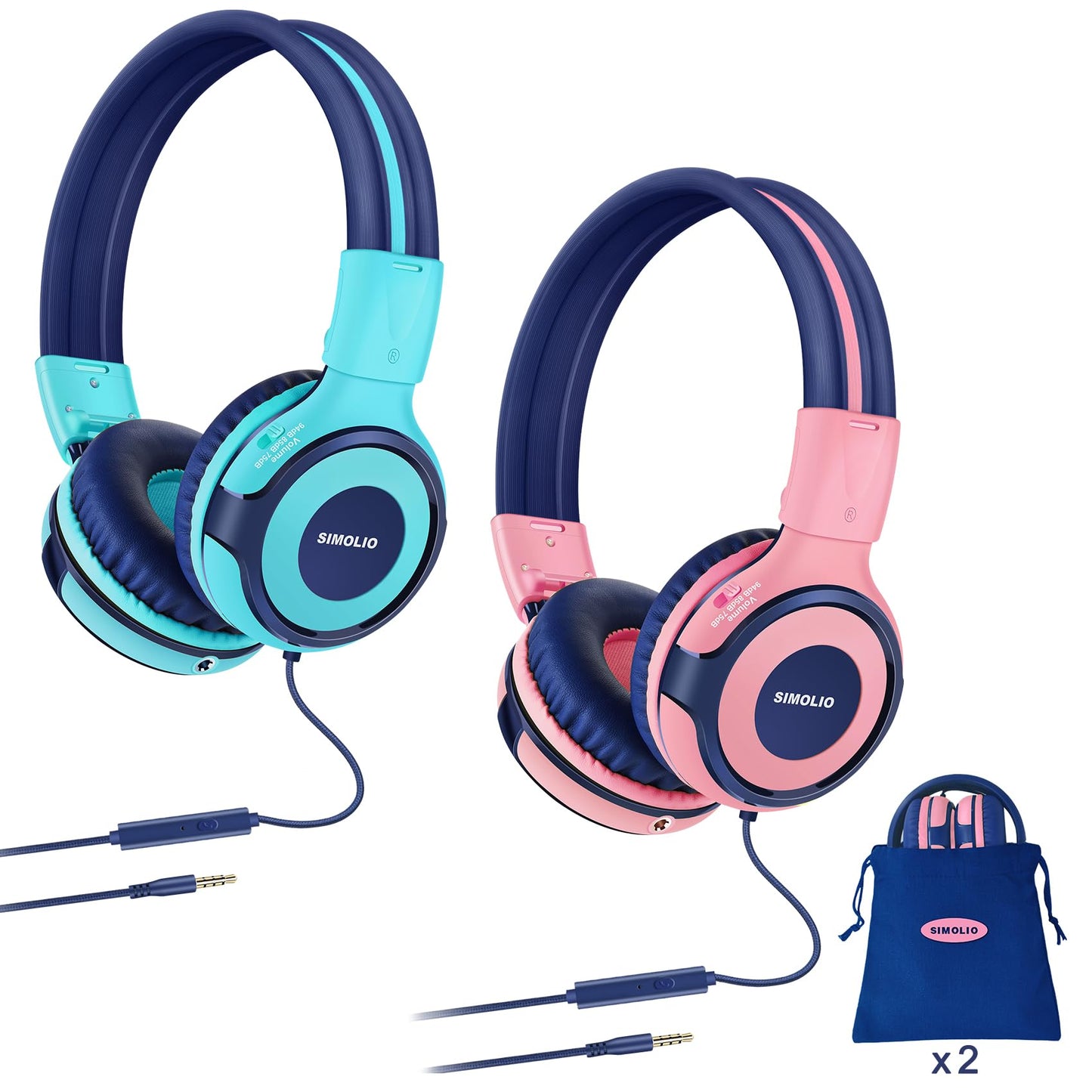 SIMOLIO 2 Pack Headphones for Kids with Mic, 75dB/85dB/94dB Safe Volume Limit, Wired School Headphones for Girls Boys Children Tablet Laptop Travel with Audio Share Function (Mint,Pink)