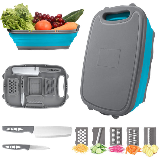 Camping Cutting Board, HI NINGER Collapsible Chopping Board with Colander, 9-In-1 Multi Chopping Board Kitchen Vegetable Washing Basket for Camping,Camping Gifts Camping Accessories for RV Campers