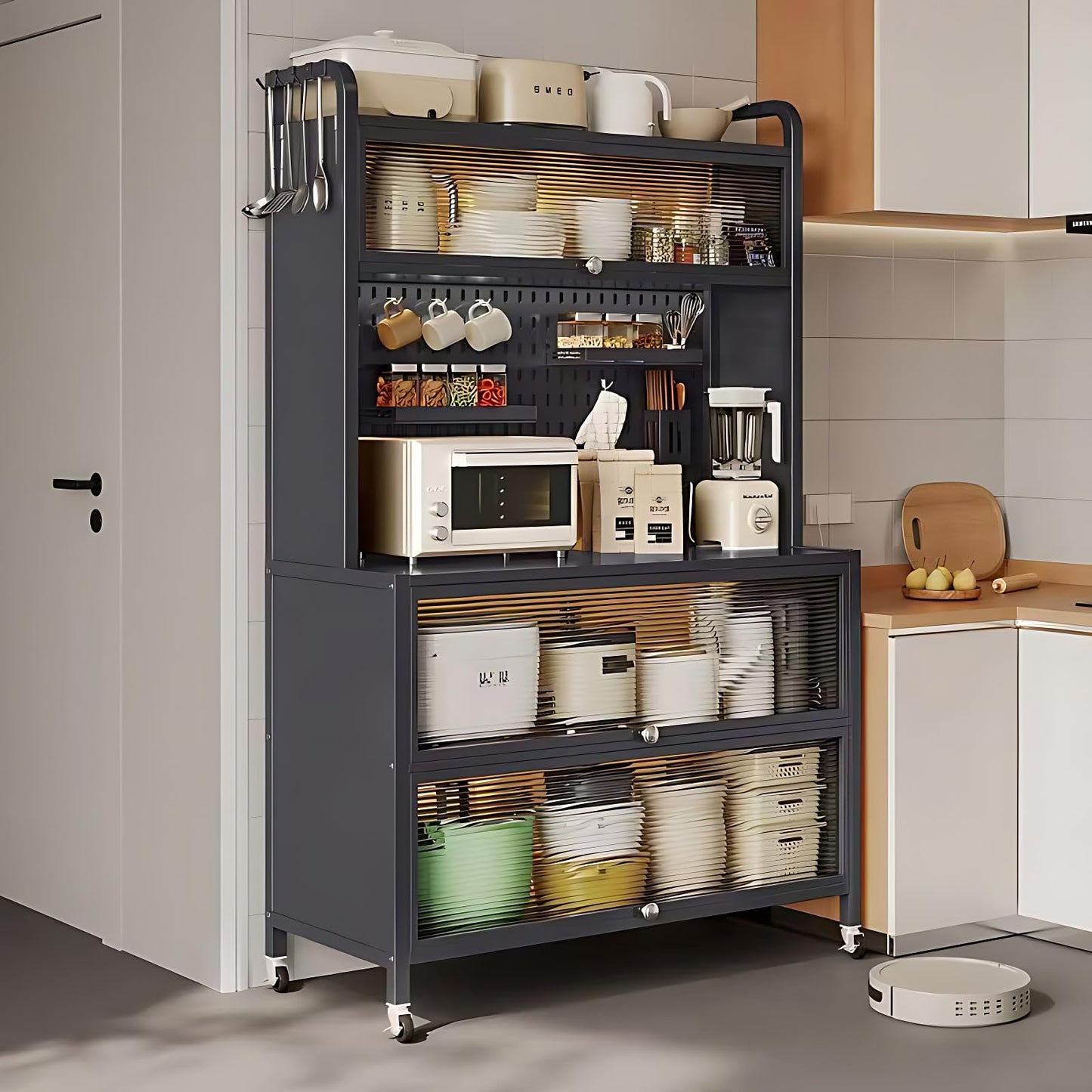 walkclpck Kitchen Cabinet with Acrylic Doors, Bread Rack with Switchable Universal Wheels, 63 Inch Microwave Stand, Farmhouse Coffee Bar Cabinet for Home, Dining Room, Kitchen, Black