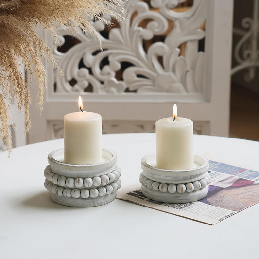 NIKKY HOME Farmhouse Beaded Wooden Candle Holders Set of 2, Rusitc Solid Wood Pillar Candlesticks Pedestal, Fireplace Mantle Table Centerpiece Decor, Distressed White