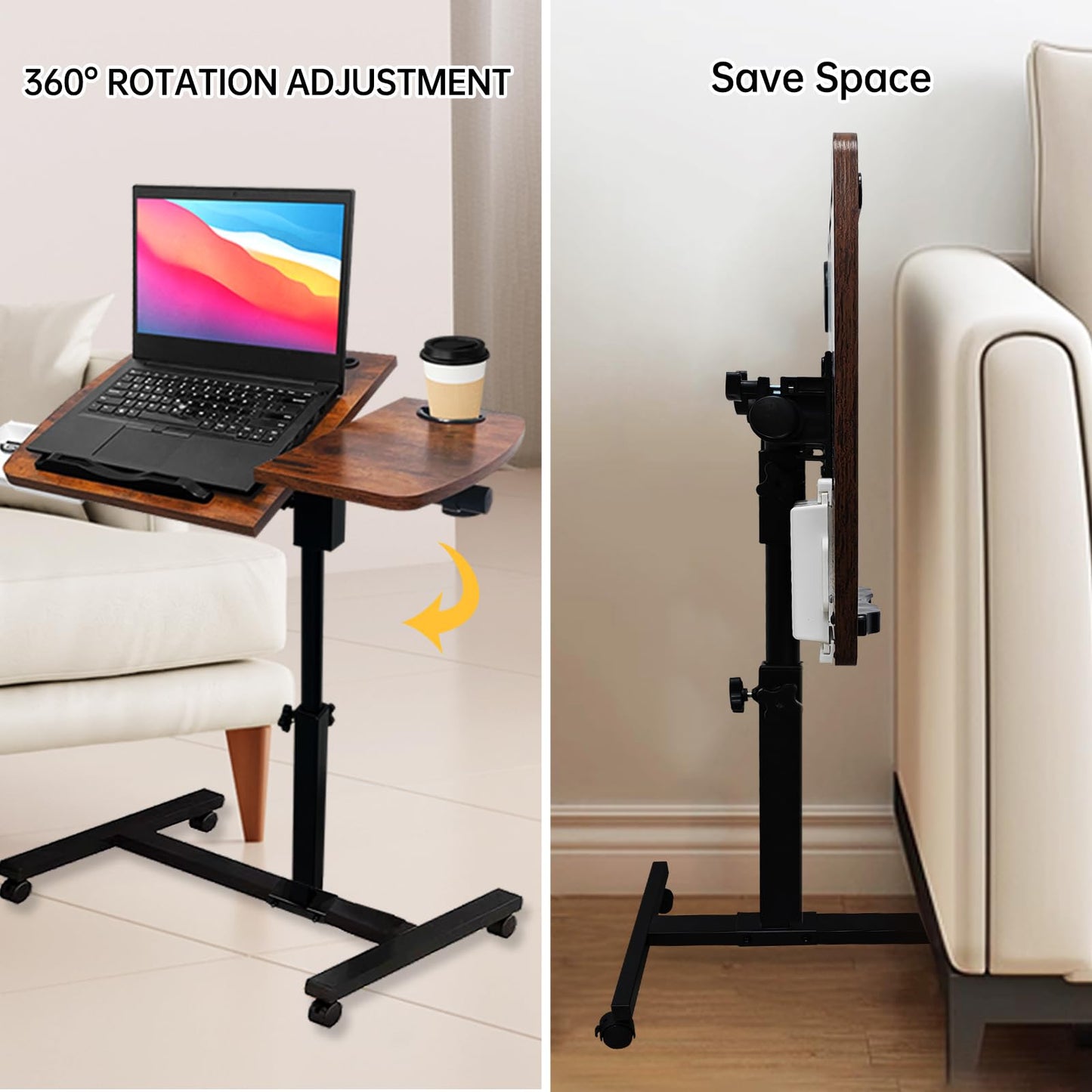 DOKKOME Medical Adjustable Overbed Bedside Table with Wheels, Mobile Standing Desk Laptop Computer Cart with Phone Holder and Drawer for Hospital and Home Use