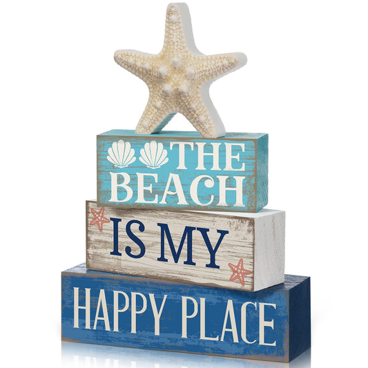 Moucuny 4 Pcs Summer Beach Tiered Tray Decor Ocean Starfish Shell Table Centerpieces Summer Rustic Decorative Starfish Block Signs Gift Farmhouse Tabletop Sign for Home Table Kitchen Shelf