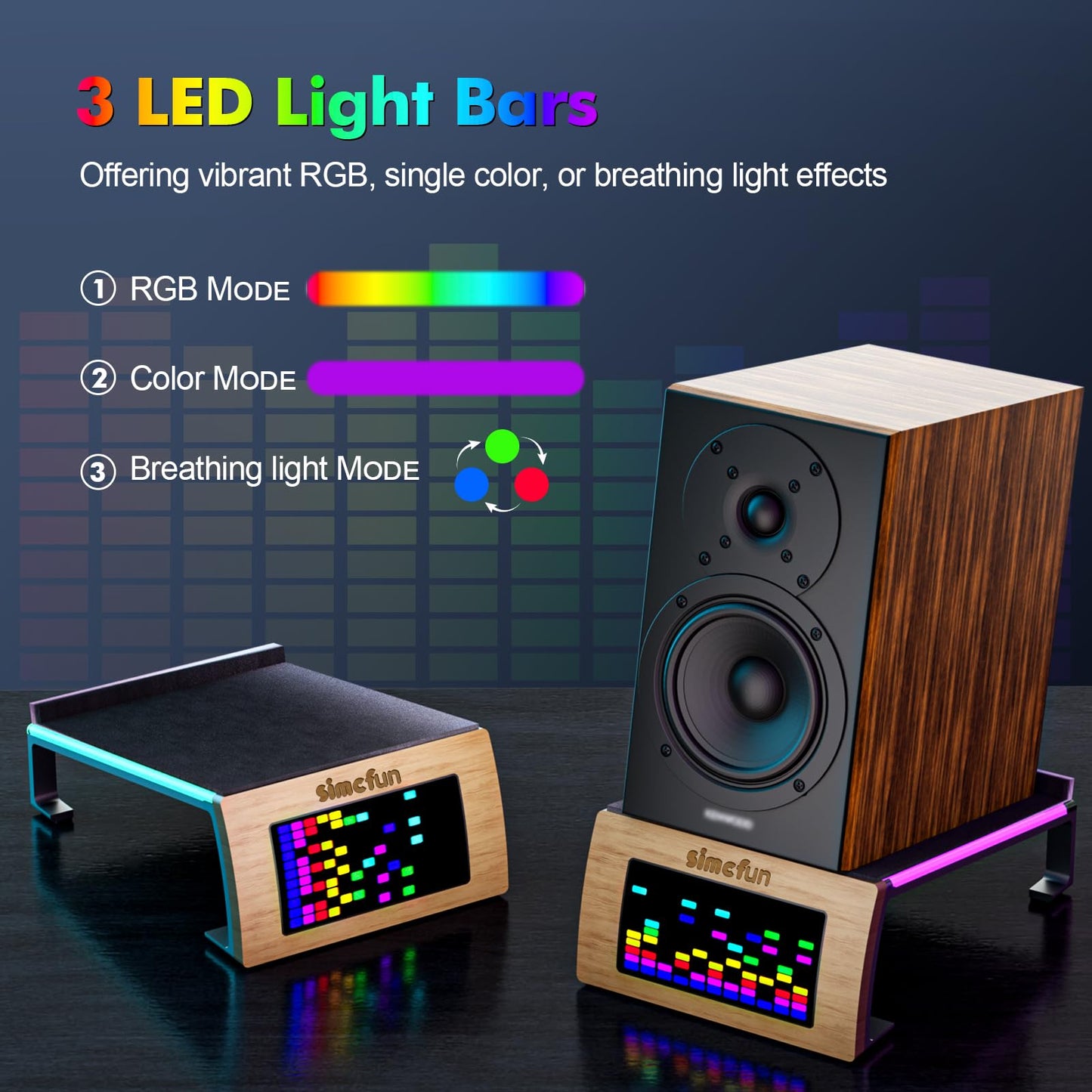 RhythmDance Desktop RGB Tilt Speaker Stands Surround Sound – Dynamic LED Light Display with Sound Sensor, Adjustable Light Modes w/c Dual Charging Ports – 1 Pair Bookshelf Laptop Desk Audio Stands