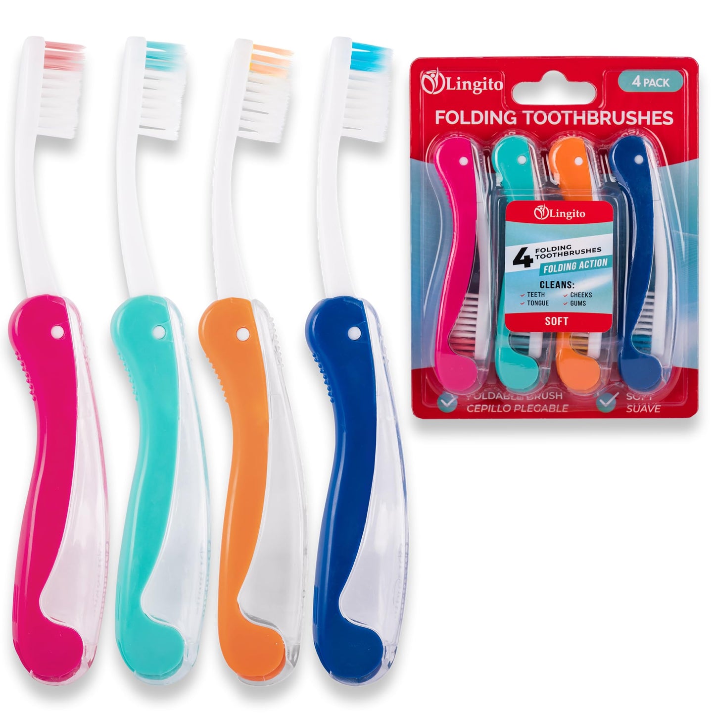 Lingito Travel Mini Toothbrush with Cover, Folding Interlock Toothbrush Adult 4 Pack Soft