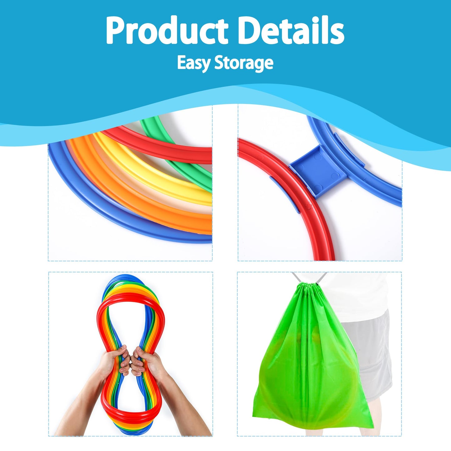 Oranmew 2 Sets Hopscotch Rings, 20 Plastic Round Hoops with 30 Connectors for Toddlers Gross Motor Skills, 11 Inch Indoor/Outdoor Agility Rings for Kids Playground Obstacle Course