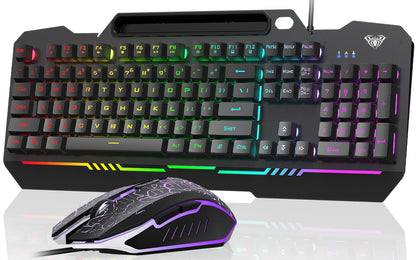 AULA Keyboard, T102 104 Keys Gaming Keyboard and Mouse Combo with RGB Backlit Number Pad, All-Metal Panel Waterproof Light Up PC Keyboard, USB Wired Computer Keyboards Gaming for MAC Xbox PC Gamer