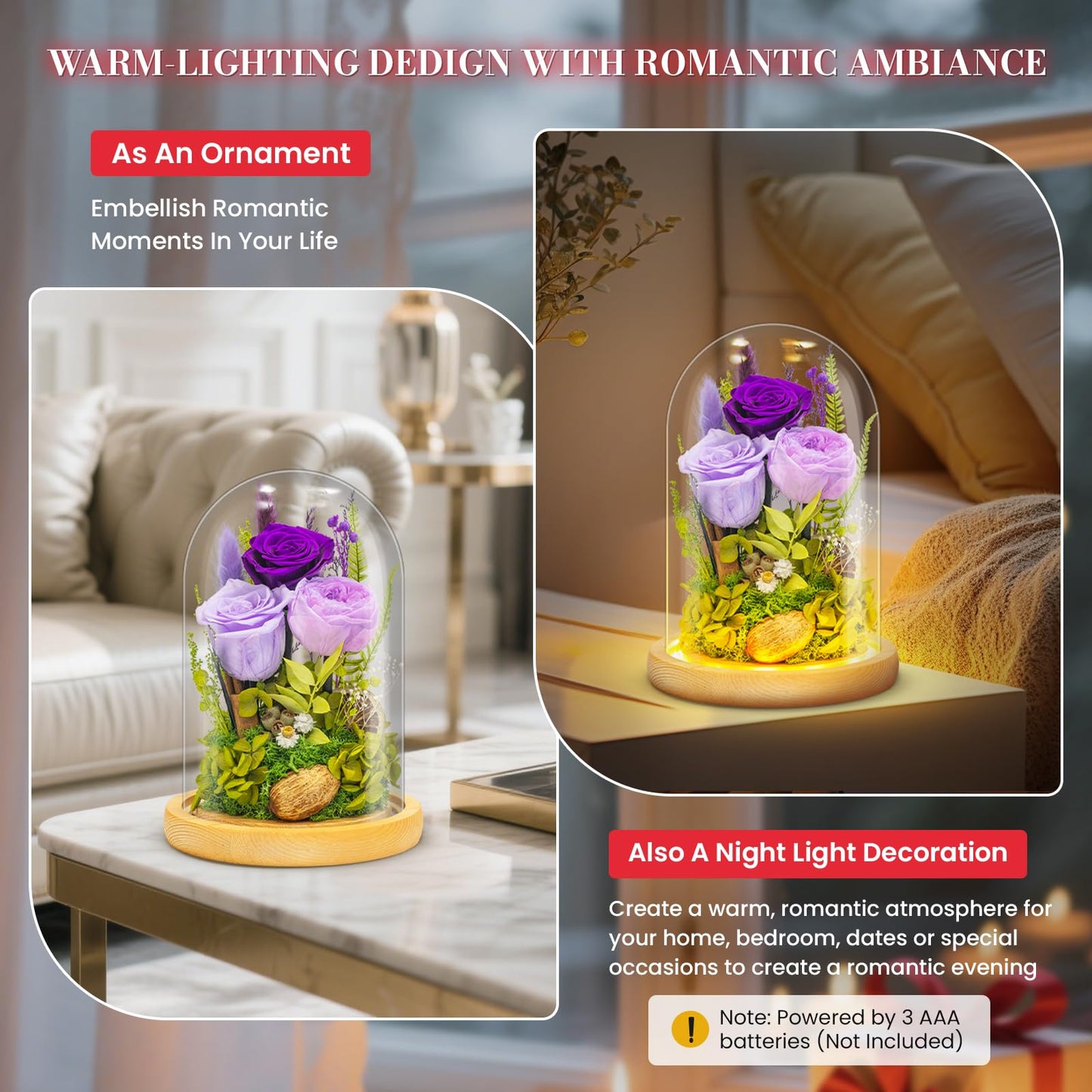 Preserved Flowers Gifts for Women Eternal Rose In Glass Dome Light Up Flower Real Rose Eternal Flowers for Decoration Long Lasting Forever Preserved Glitter Roses Unique Gift on All Occasions(Purple)
