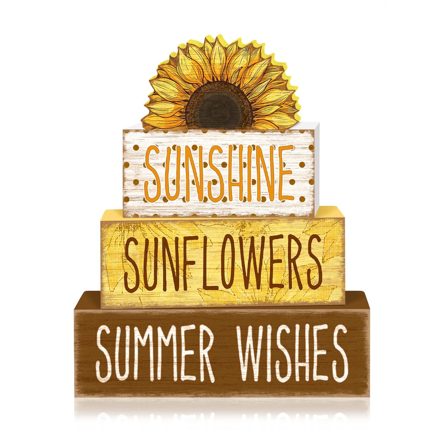 TOMPOP 4 Pcs Summer Tiered Tray Decorations Set Sunflower Stack Block Signs Sunshine Farmhouse Rustic Table Tiered Tray Décor for Table & Home Office (Half-Sunflower Style)