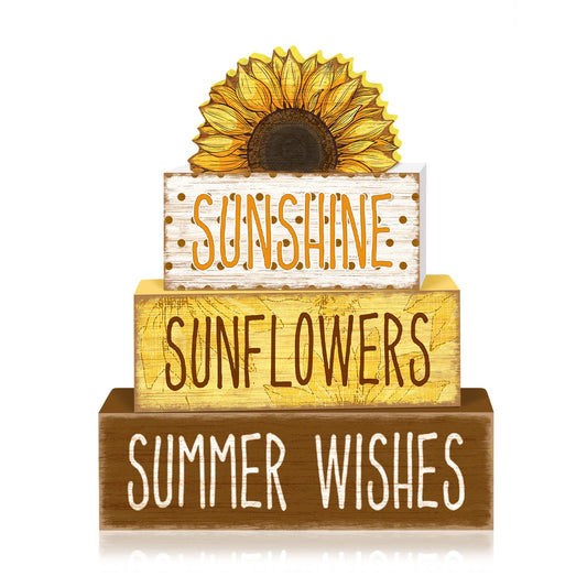 TOMPOP 4 Pcs Summer Tiered Tray Decorations Set Sunflower Stack Block Signs Sunshine Farmhouse Rustic Table Tiered Tray Décor for Table & Home Office (Half-Sunflower Style)