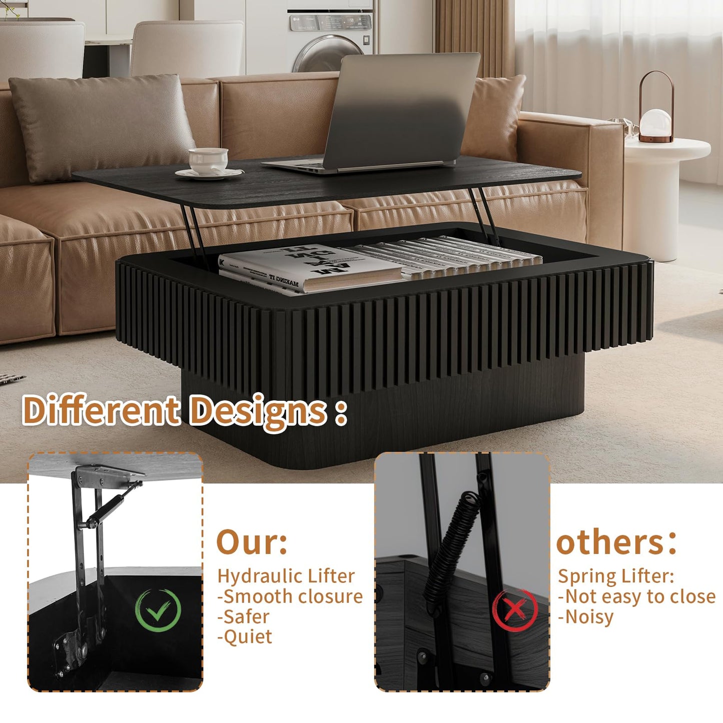 LKTART 38.6''Black Fluted Lift Top Coffee Table Modern Handcraft Drum Wooden Solid Wood Veneer Tea Table for Living Room Apartment(Hidden Storage)