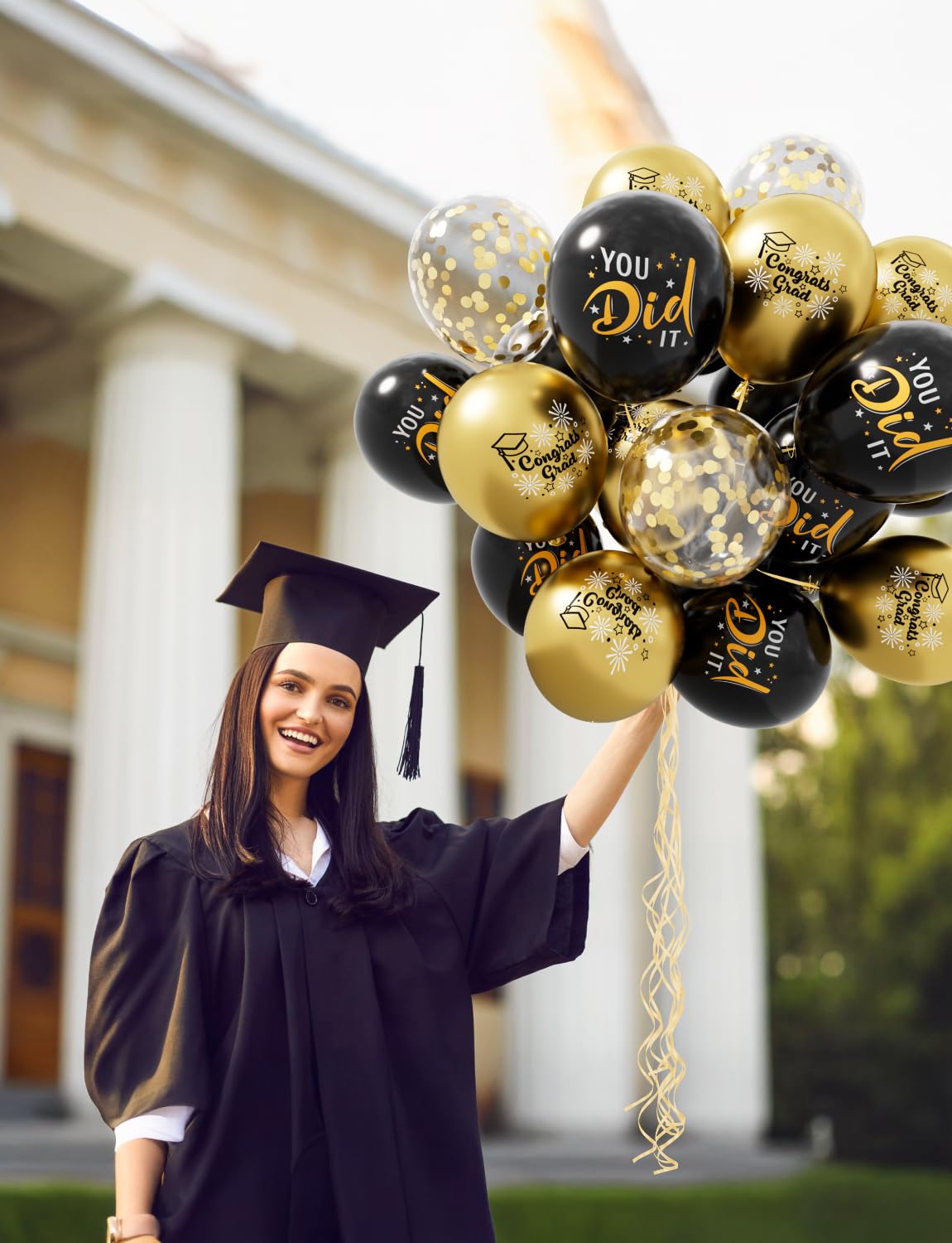 Graduation Balloons, Congrats Grad Balloons 12 Inch Black and Gold Balloon Class of 2025 Gold Confetti Latex Balloon for College High School Happy Graduation Party Decorations Supplies (18Pcs)