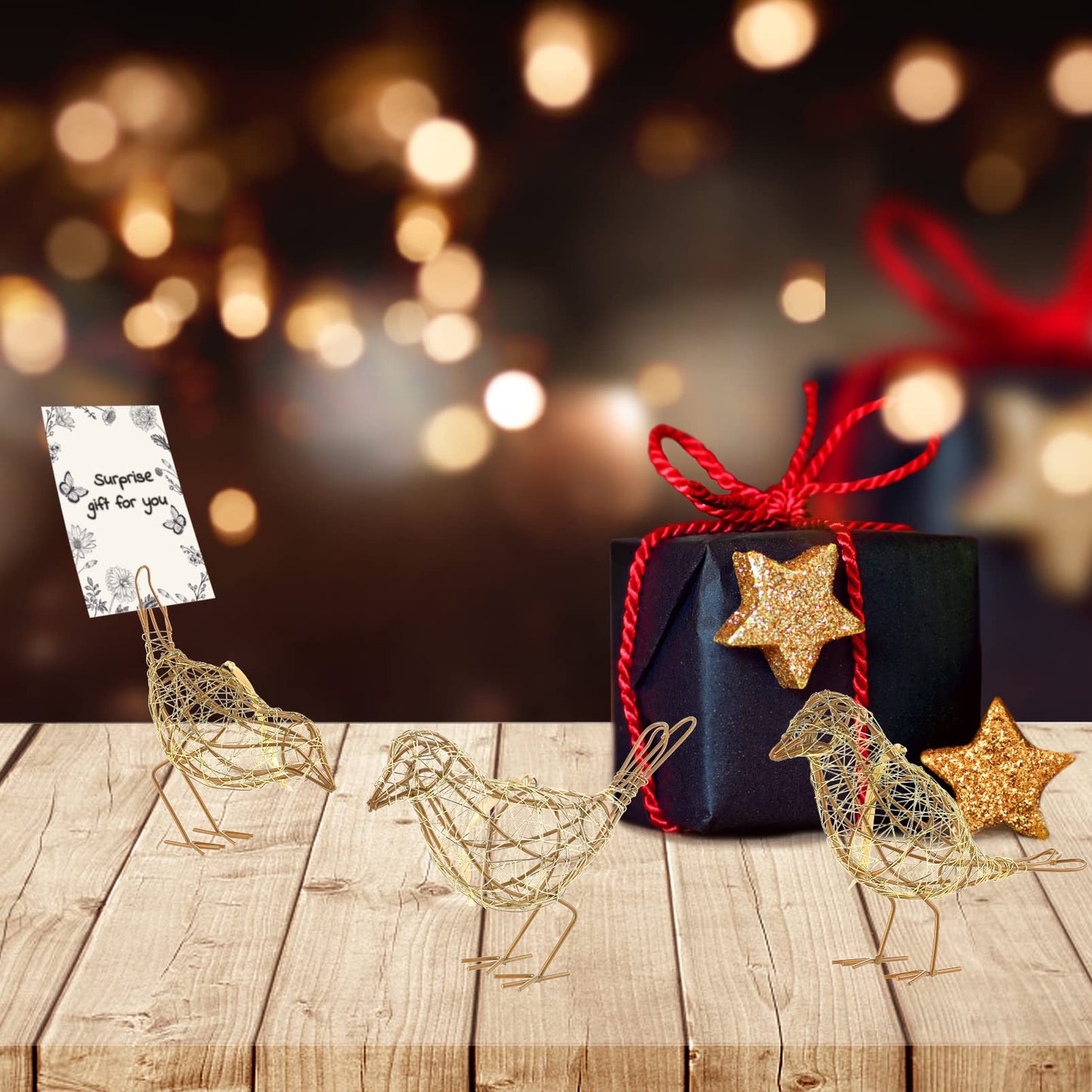 ZZZ TYLOO Artisan Handmade Gold-Wire Woven Bird Statues Trio Table Decor- Modern Farmhouse Shelf Decor with Hanging Chain, Multi-Pose Metal Bird Figurines for Home Office & Holiday Display