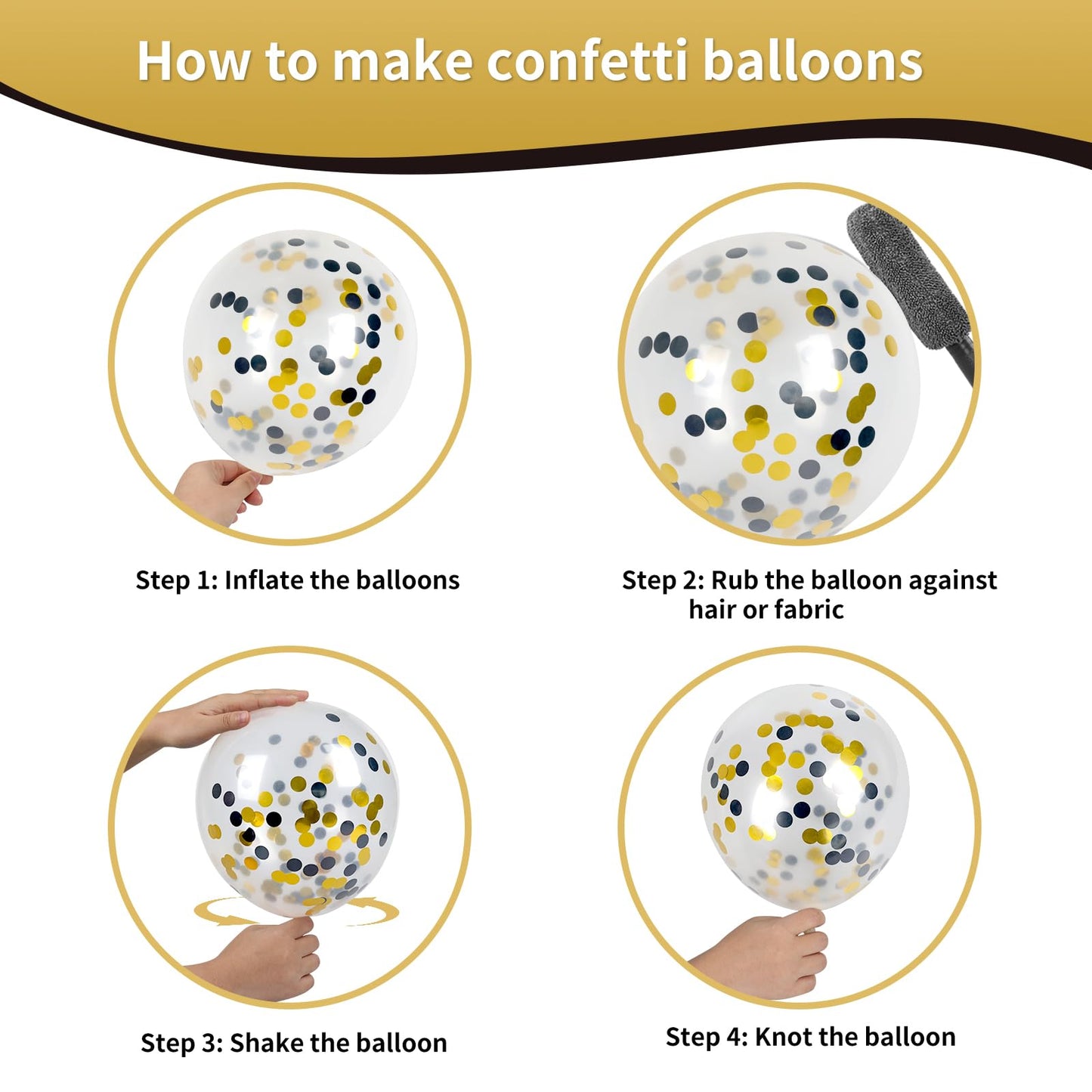 RUBFAC 65pcs 12 Inches Black Gold Confetti Balloons Kit, Metallic Gold and Black White Party Balloons with Ribbons for Birthday, Wedding, Baby Shower, Graduation, Happy New Year Decorations