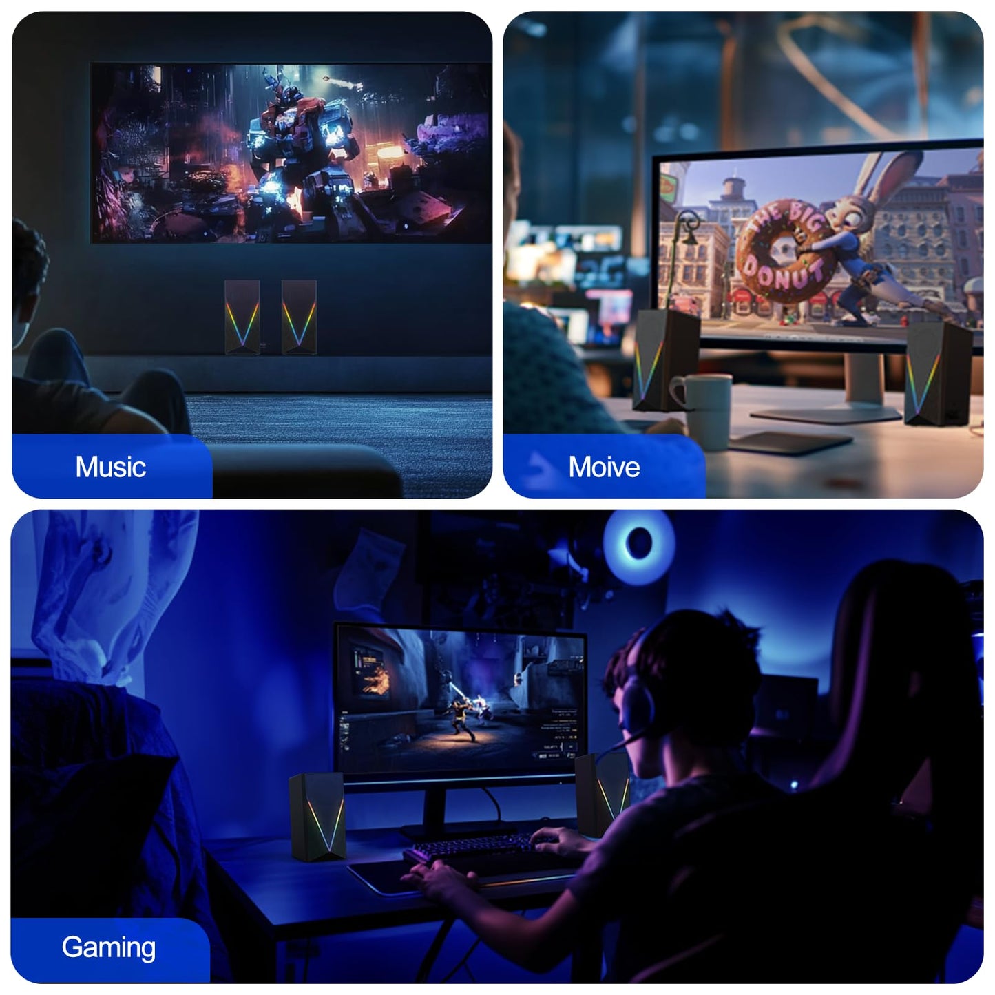 RGB Desktop Speakers with Enhanced Bass, Volume Control & 6 Colorful Lights - USB Powered & 3.5mm Aux Gaming Speakers for Laptop, PC, Tablet, Phone