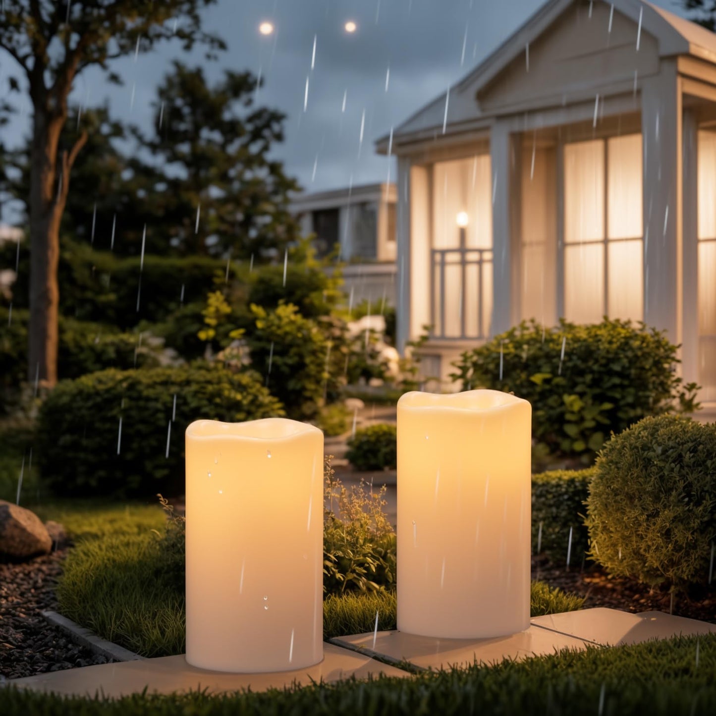 DRomance Solar Flameless Pillar Candles Outdoor Waterproof Dusk to Dawn Solar Rechargeable Battery LED Flickering Fake Candles White Plastic Patio Porch Garden Lantern Decor(2 Pack, 3" D x 5" H)